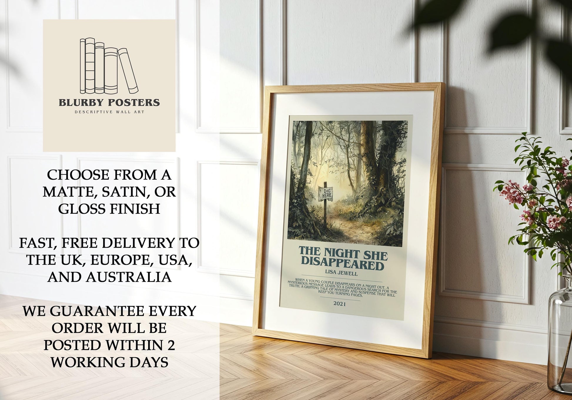 The Night She Disappeared by Lisa Jewell Descriptive Poster Print. Free Delivery Wall Art Author & Blurb Book Artwork Novel Modern Gift