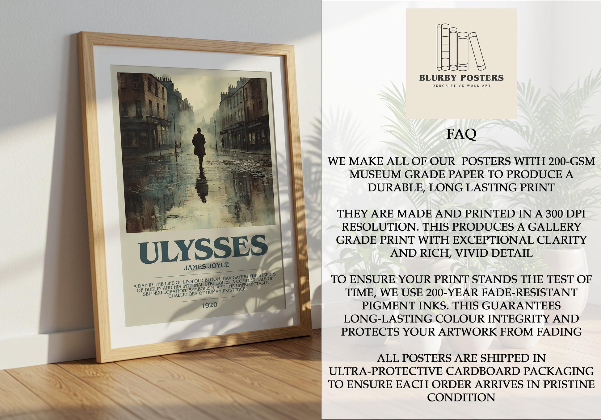 Ulysses by James Joyce Descriptive Poster Print. Free Delivery Wall Art Author & Blurb Book Artwork Novel Modern Gift