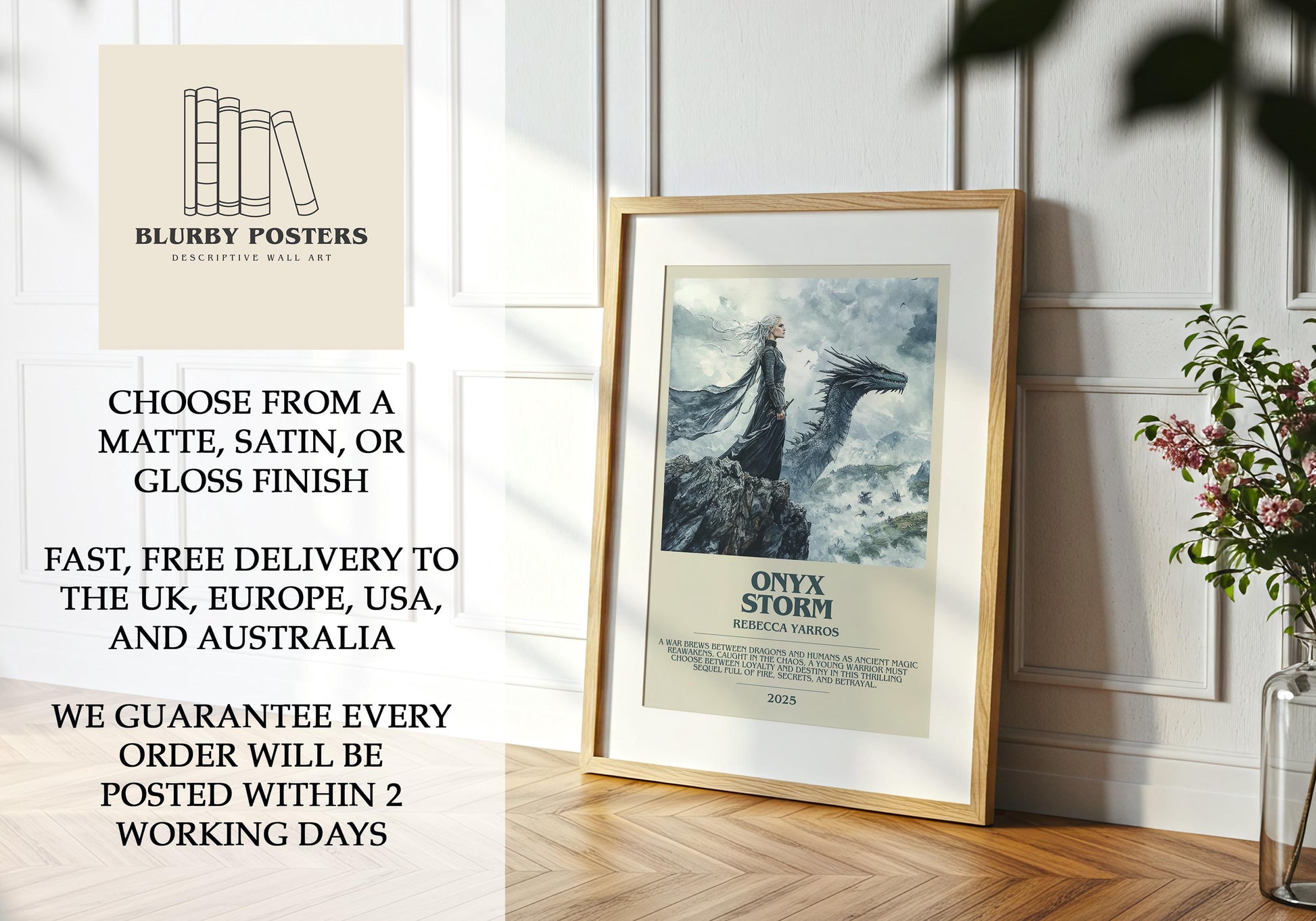 Onyx Storm by Rebecca Yarros Descriptive Poster Print. Free Delivery Wall Art Author & Blurb Book Artwork Novel Modern Gift
