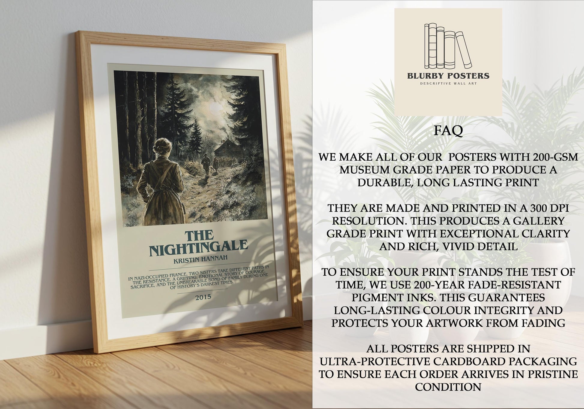 The Nightingale by Kristin Hannah Descriptive Poster Print. Free Delivery Wall Art Author & Blurb Book Artwork Novel Modern Gift