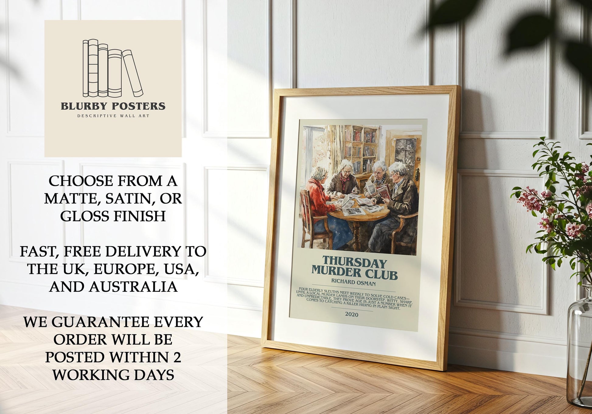 Thursday Murder Club by Richard Osman Descriptive Poster Print. Free Delivery Wall Art Author & Blurb Book Artwork Novel Modern Gift