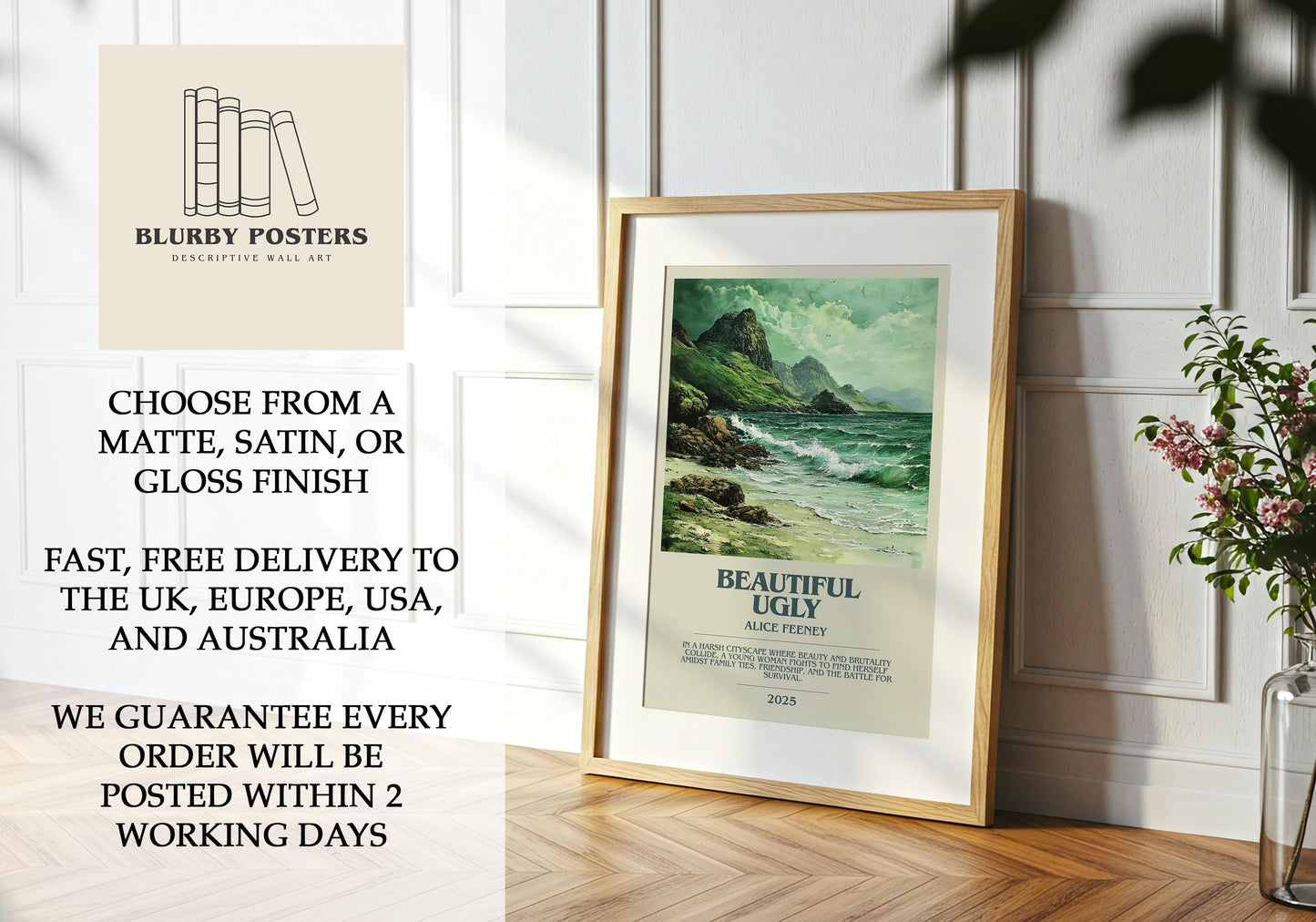 Beautiful Ugly by Alice Feeney Descriptive Poster Print. Free Delivery Wall Art Author & Blurb Book Artwork Novel Modern Gift