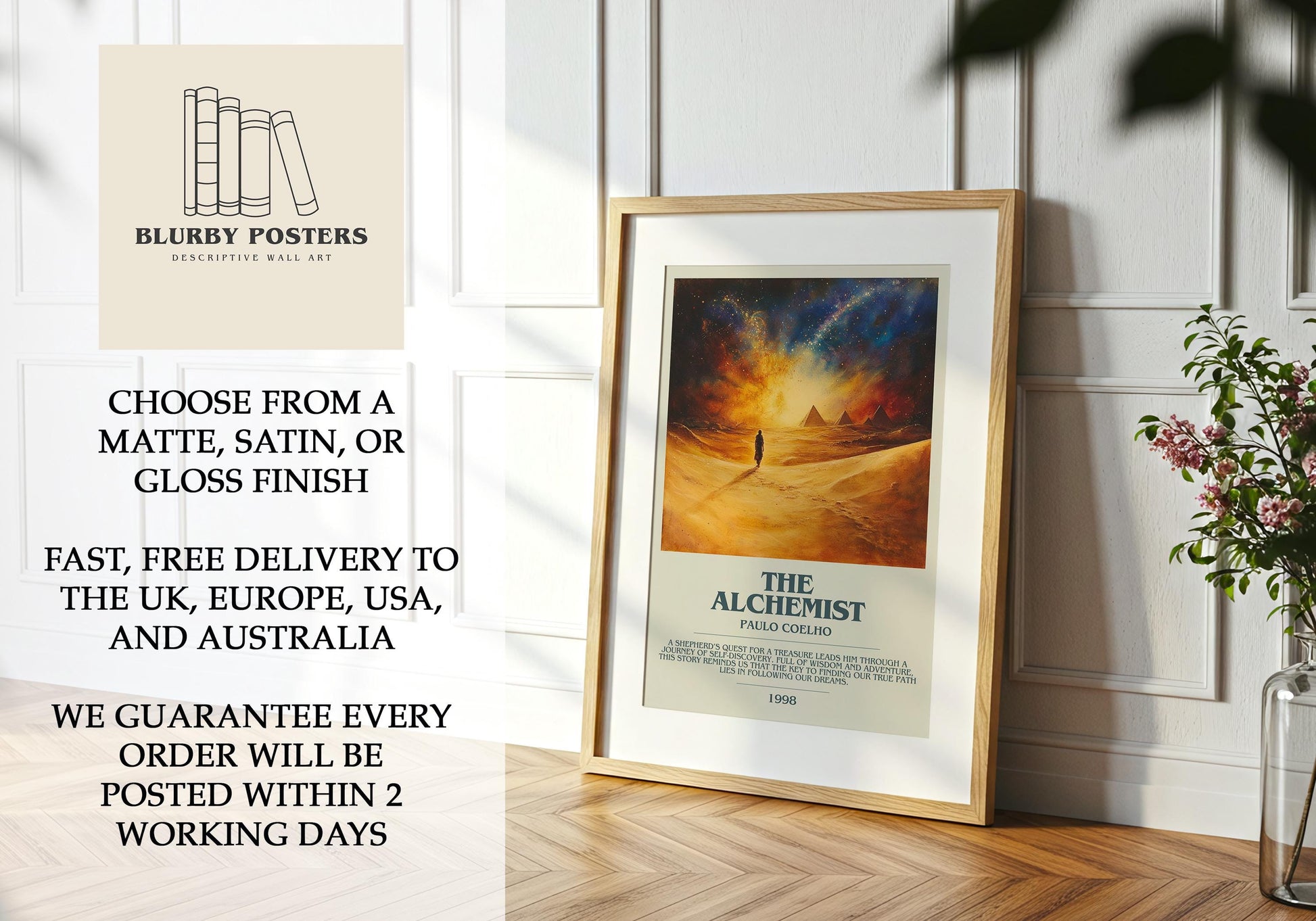 The Alchemist by Paul Coelho Descriptive Poster Print. Free Delivery Wall Art Author & Blurb Book Artwork Novel Modern Gift