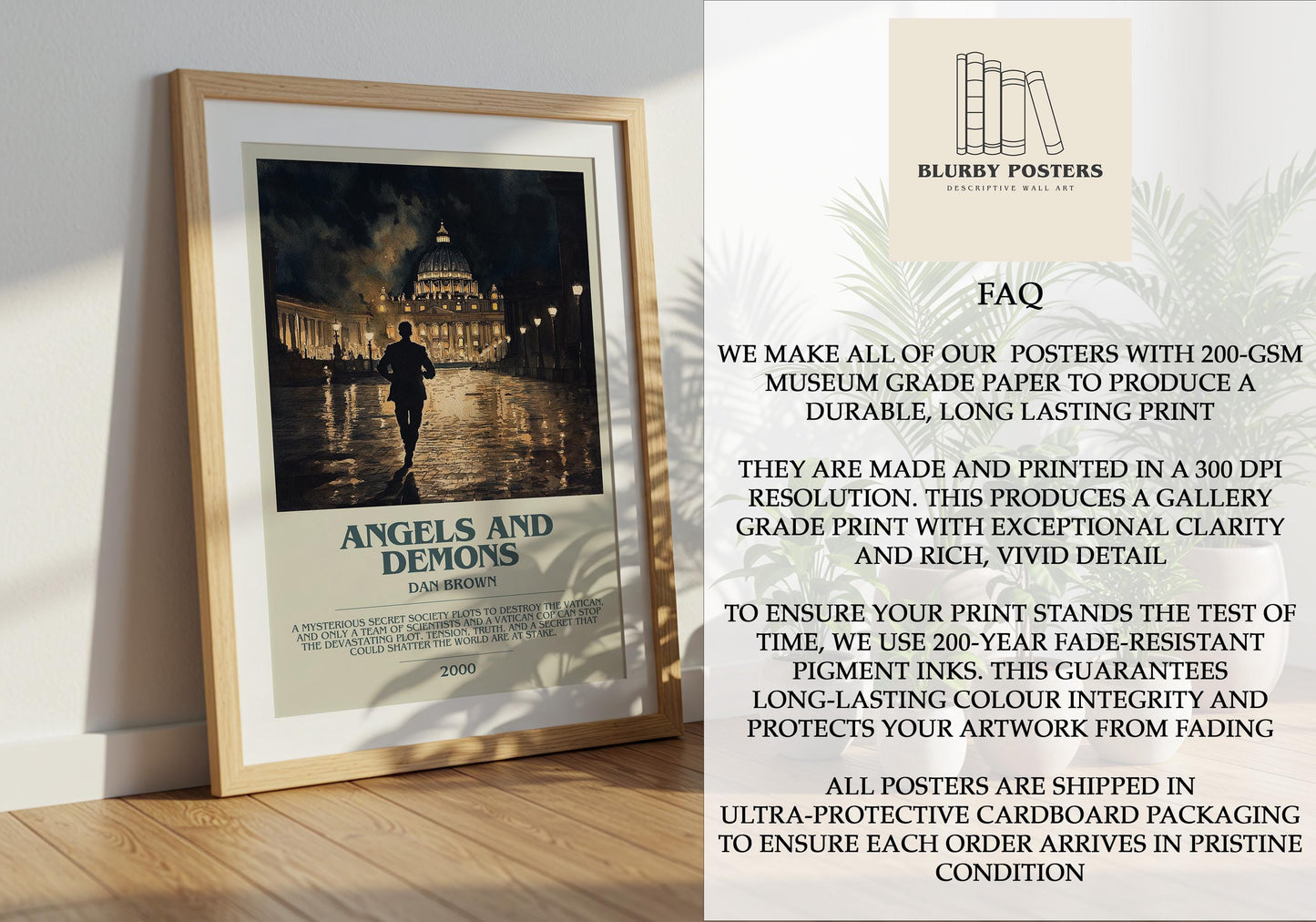 Angels and Demons by Dan Brown Descriptive Poster Print. Free Delivery Wall Art Author & Blurb Book Artwork Novel Modern Gift