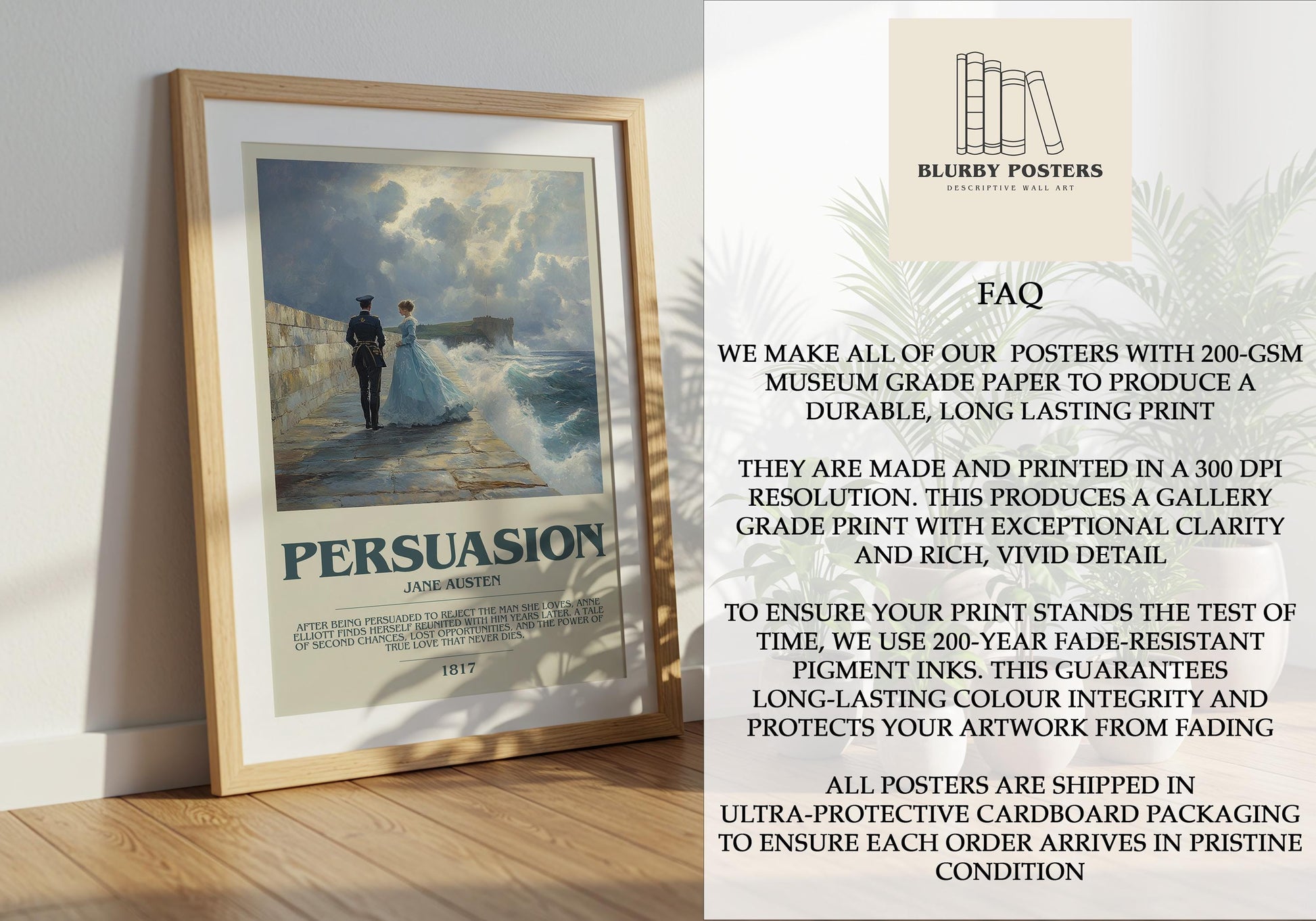 Persuasion by Jane Austen Descriptive Poster Print. Free Delivery Wall Art Author & Blurb Book Artwork Novel Modern Gift