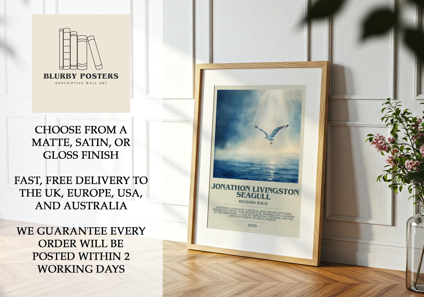 Jonathan Livingston Seagull by Richard Bach Descriptive Poster Print. Free Delivery Wall Art Author & Blurb Book Artwork Novel Modern Gift