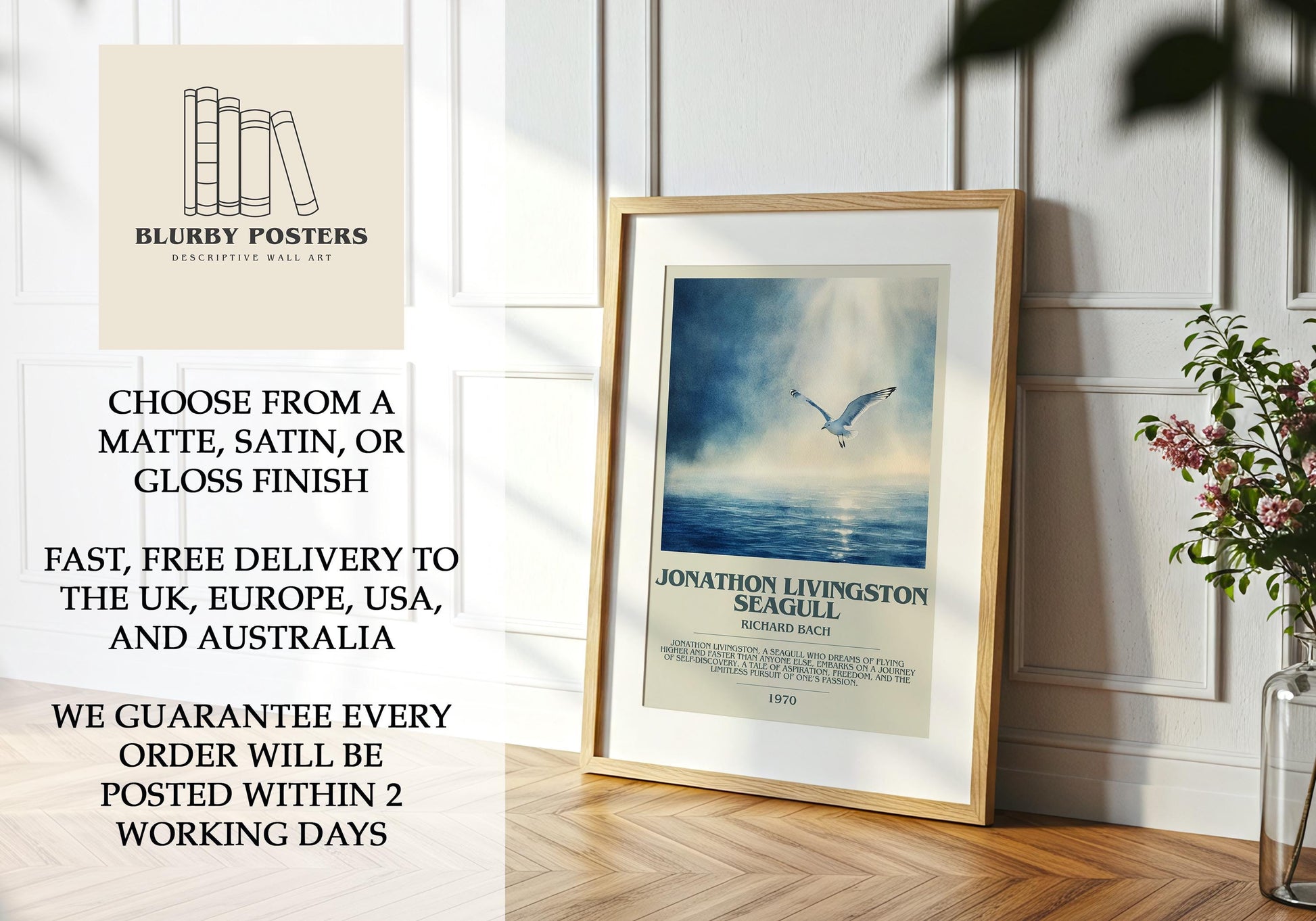 Jonathan Livingston Seagull by Richard Bach Descriptive Poster Print. Free Delivery Wall Art Author & Blurb Book Artwork Novel Modern Gift
