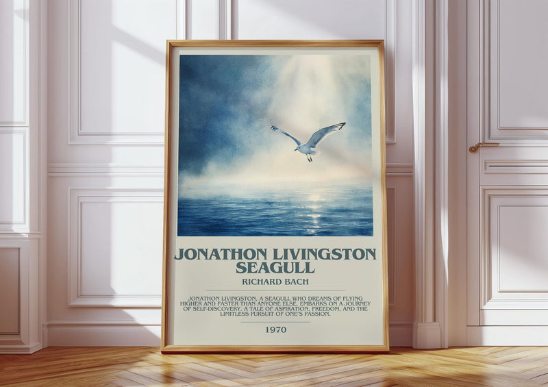 Jonathan Livingston Seagull bookish print in frame leaning in hallway – literary fiction wall art