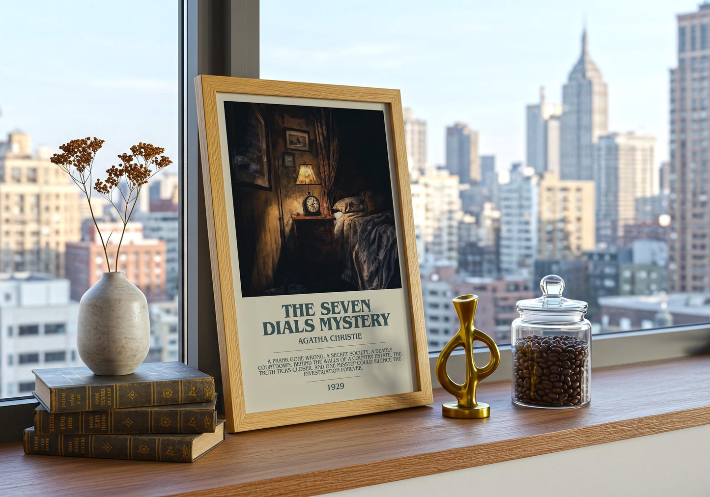 The Seven Dials Mystery by Agatha Christie Descriptive Poster Print. Free Delivery Wall Art Author & Blurb Book Artwork Novel Modern Gift