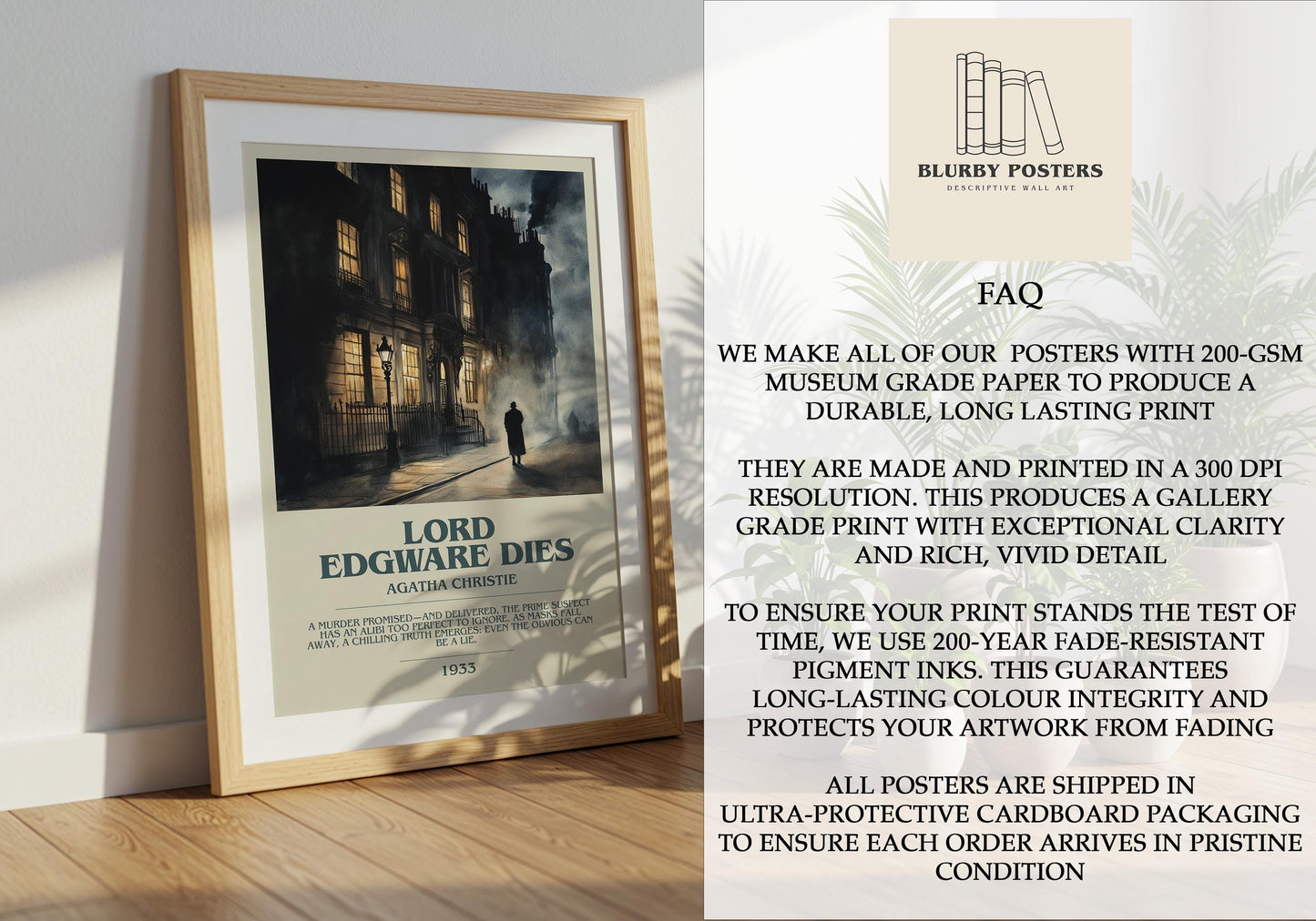 Lord Edgware Dies by Agatha Christie Descriptive Poster Print. Free Delivery Wall Art Author & Blurb Book Artwork Novel Modern Gift