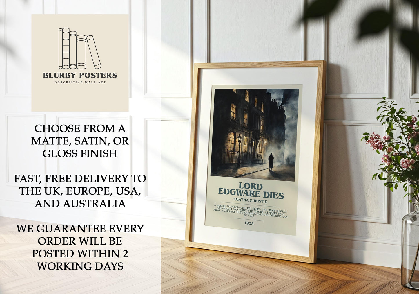 Lord Edgware Dies by Agatha Christie Descriptive Poster Print. Free Delivery Wall Art Author & Blurb Book Artwork Novel Modern Gift