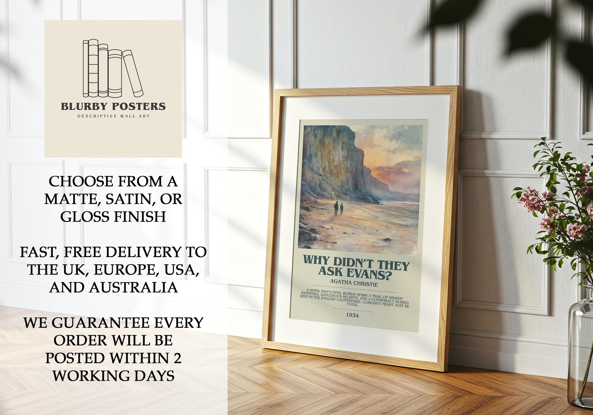Why Didn't They Ask Evans? by Agatha Christie Descriptive Poster Print. Free Delivery Wall Art Author & Blurb Book Artwork Novel Modern Gift