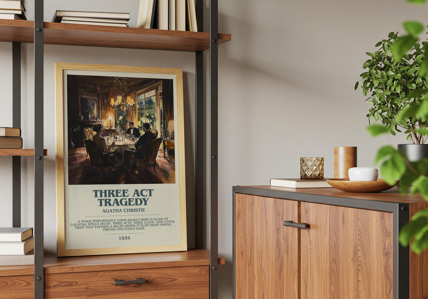 Three Act Tradegy by Agatha Christie Descriptive Poster Print. Free Delivery Wall Art Author & Blurb Book Artwork Novel Modern Gift