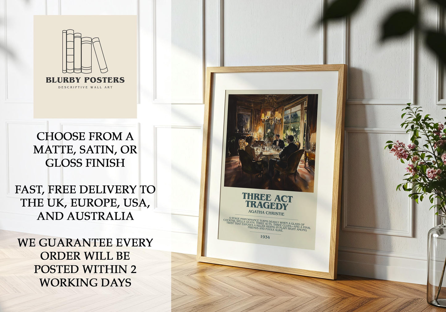 Three Act Tradegy by Agatha Christie Descriptive Poster Print. Free Delivery Wall Art Author & Blurb Book Artwork Novel Modern Gift