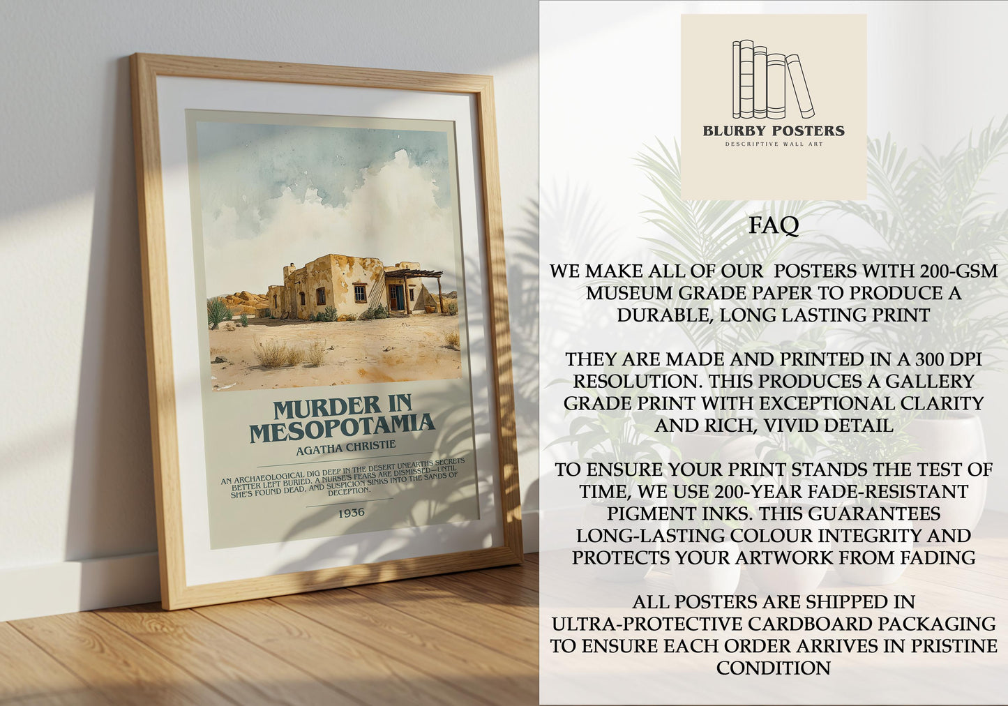 Muder In Mesopotamia by Agatha Christie Descriptive Poster Print. Free Delivery Wall Art Author & Blurb Book Artwork Novel Modern Gift