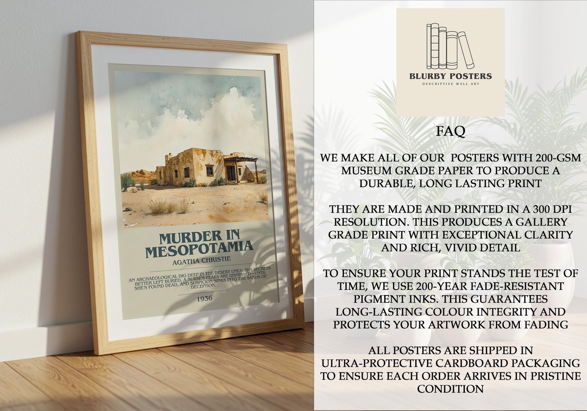 Muder In Mesopotamia by Agatha Christie Descriptive Poster Print. Free Delivery Wall Art Author & Blurb Book Artwork Novel Modern Gift