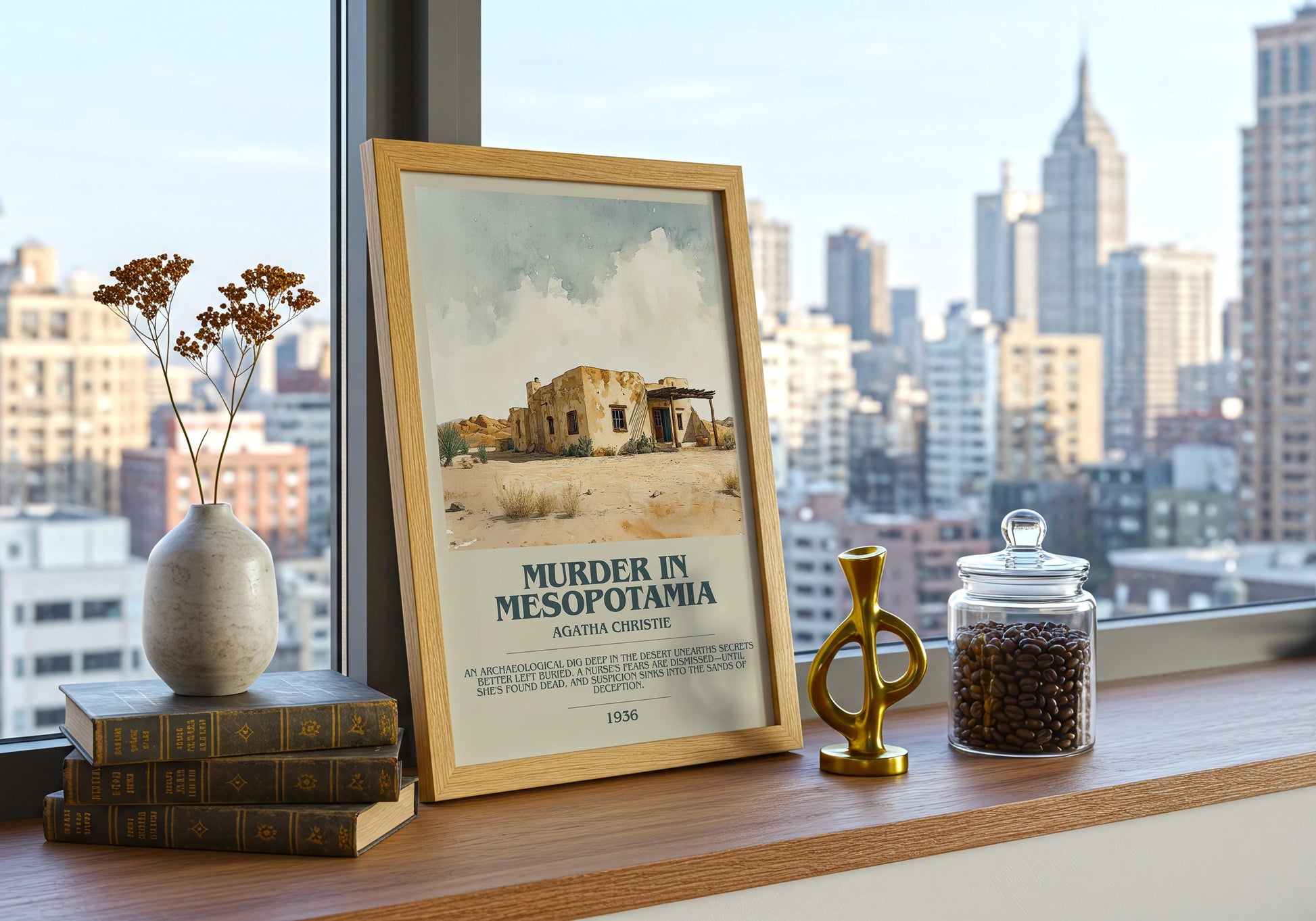 Muder In Mesopotamia by Agatha Christie Descriptive Poster Print. Free Delivery Wall Art Author & Blurb Book Artwork Novel Modern Gift