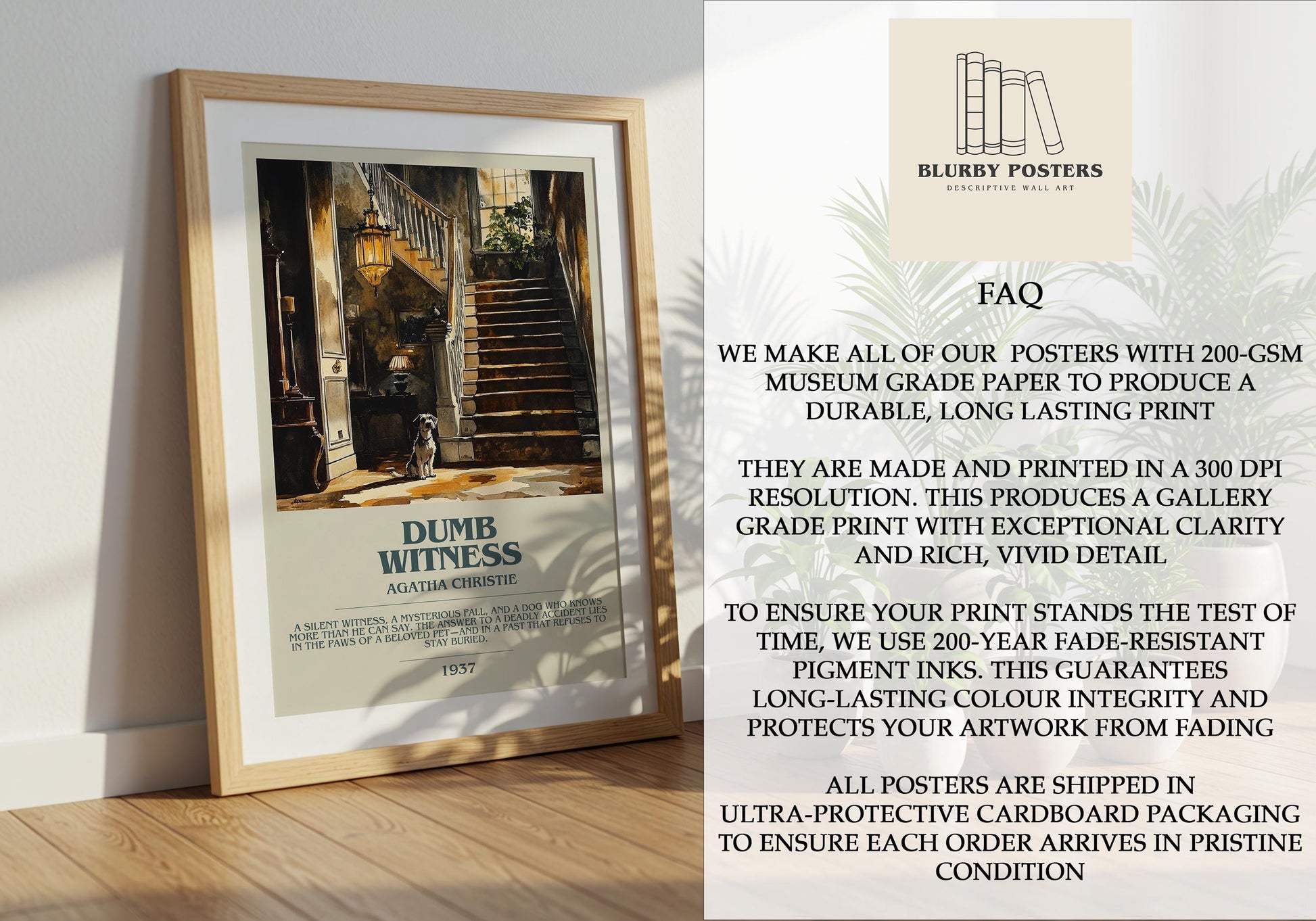 Dumb Witness by Agatha Christie Descriptive Poster Print. Free Delivery Wall Art Author & Blurb Book Artwork Novel Modern Gift