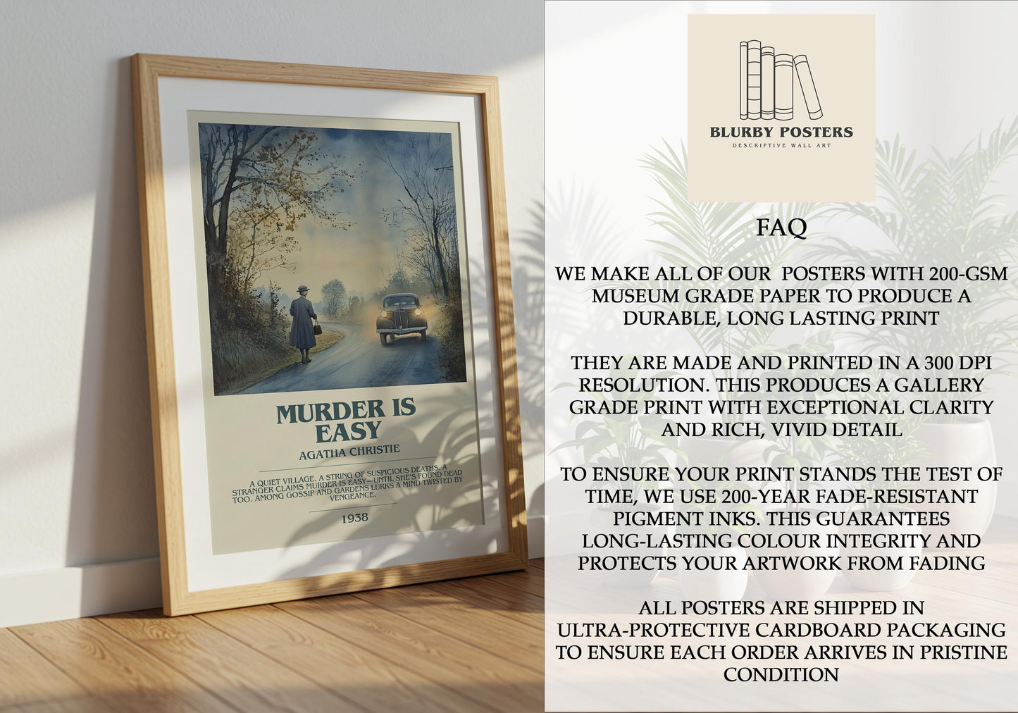 Murder Is Easy by Agatha Christie Descriptive Poster Print. Free Delivery Wall Art Author & Blurb Book Artwork Novel Modern Gift