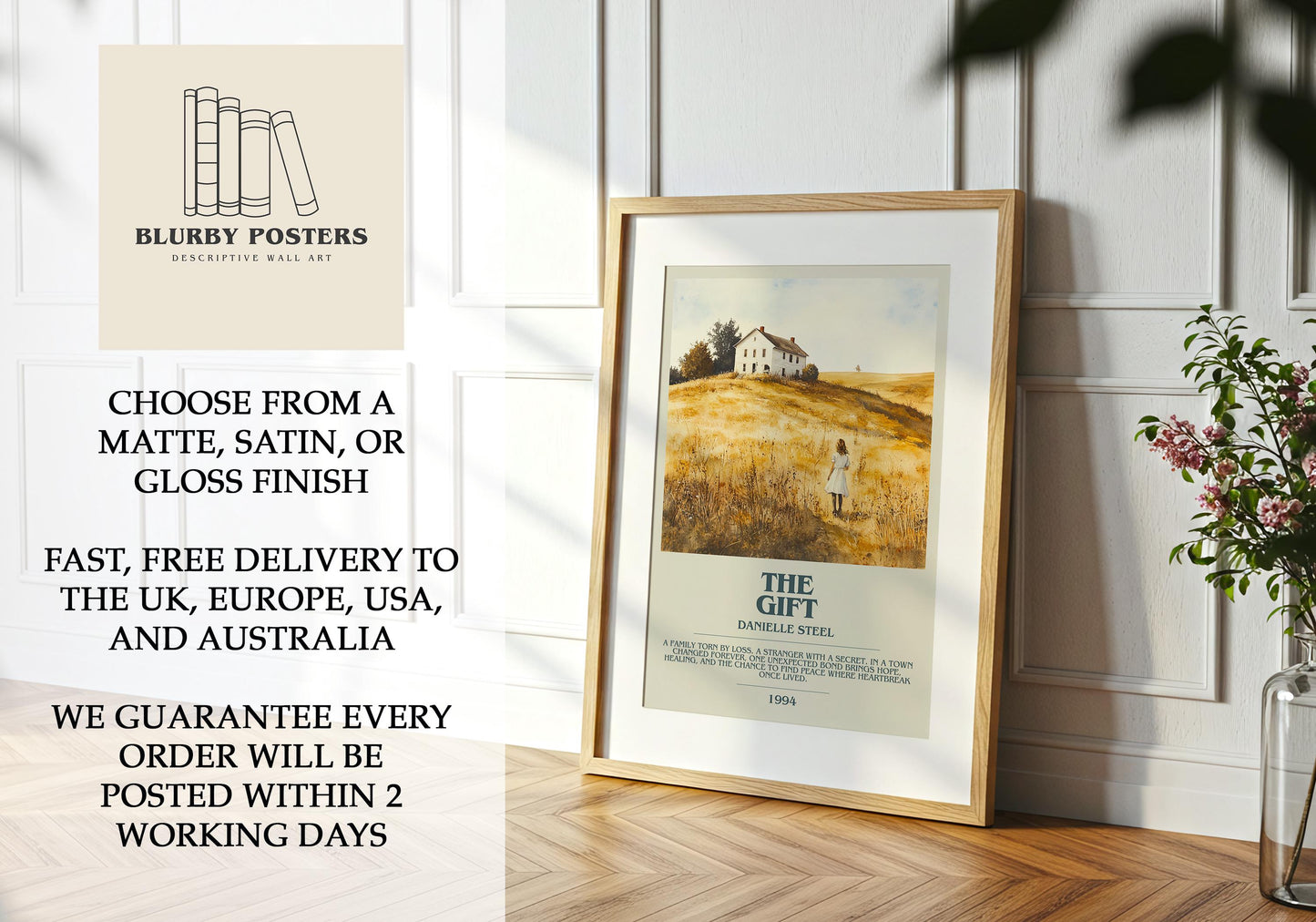 The Gift by Danielle Steel Descriptive Poster Print. Free Delivery Wall Art Author & Blurb Book Artwork Novel Modern Gift