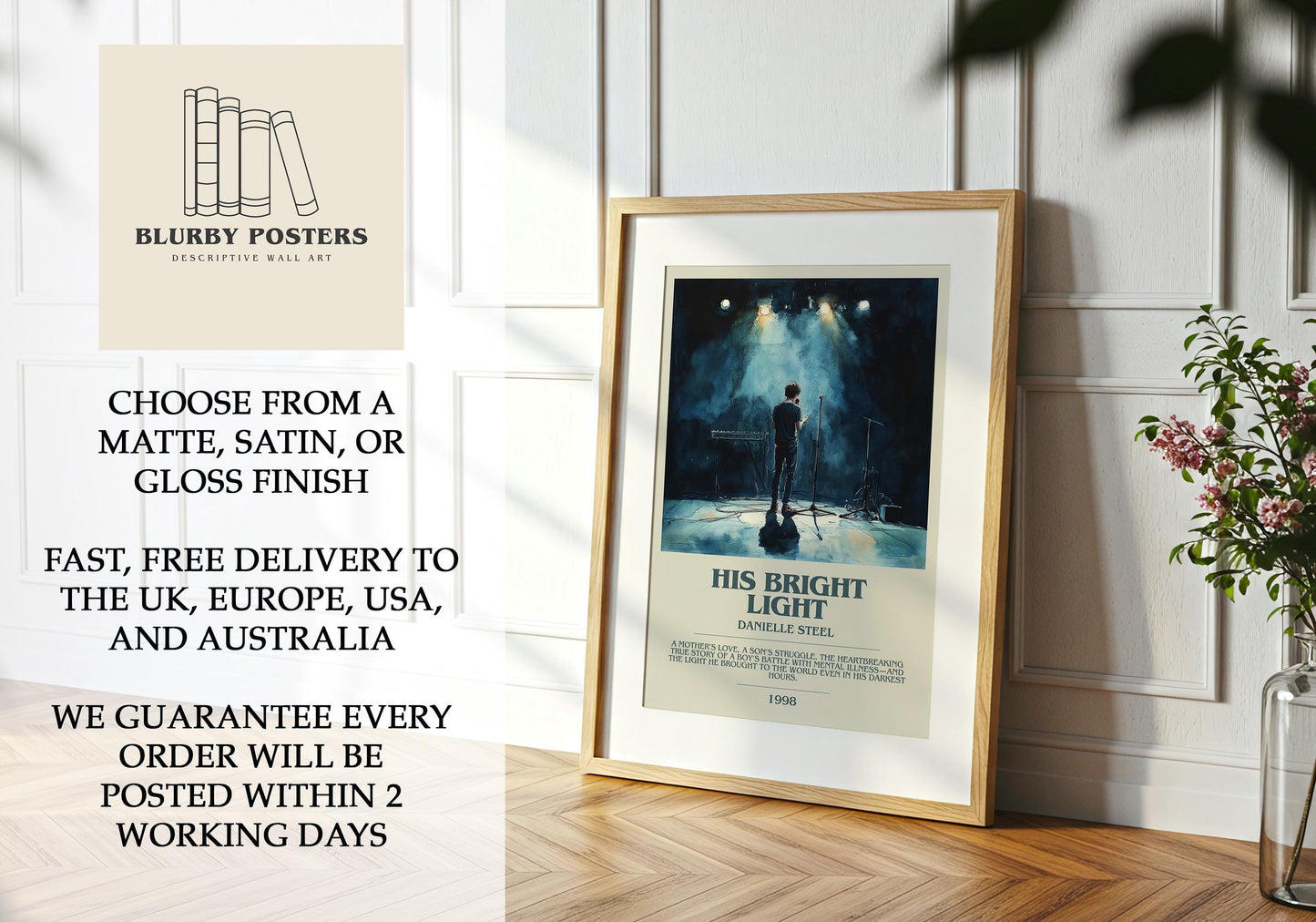 His Bright Light by Danielle Steel Descriptive Poster Print. Free Delivery Wall Art Author & Blurb Book Artwork Novel Modern Gift