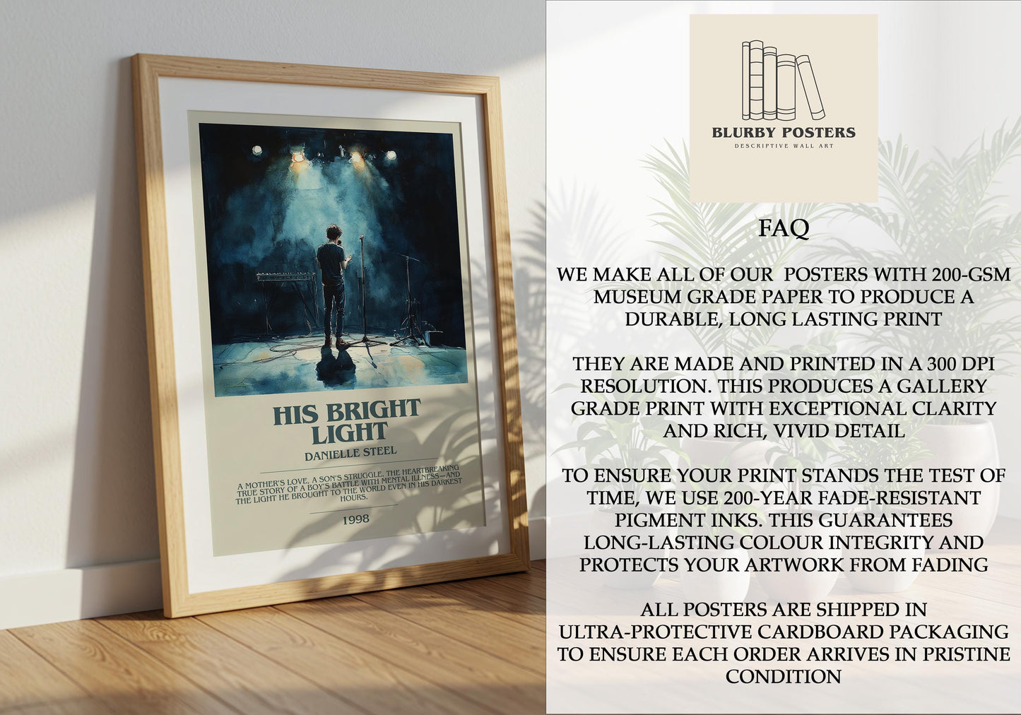 His Bright Light by Danielle Steel Descriptive Poster Print. Free Delivery Wall Art Author & Blurb Book Artwork Novel Modern Gift