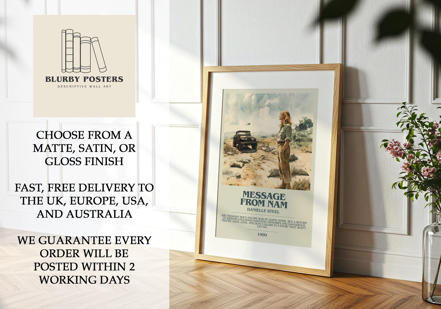 Message From Nam by Danielle Steel Descriptive Poster Print. Free Delivery Wall Art Author & Blurb Book Artwork Novel Modern Gift
