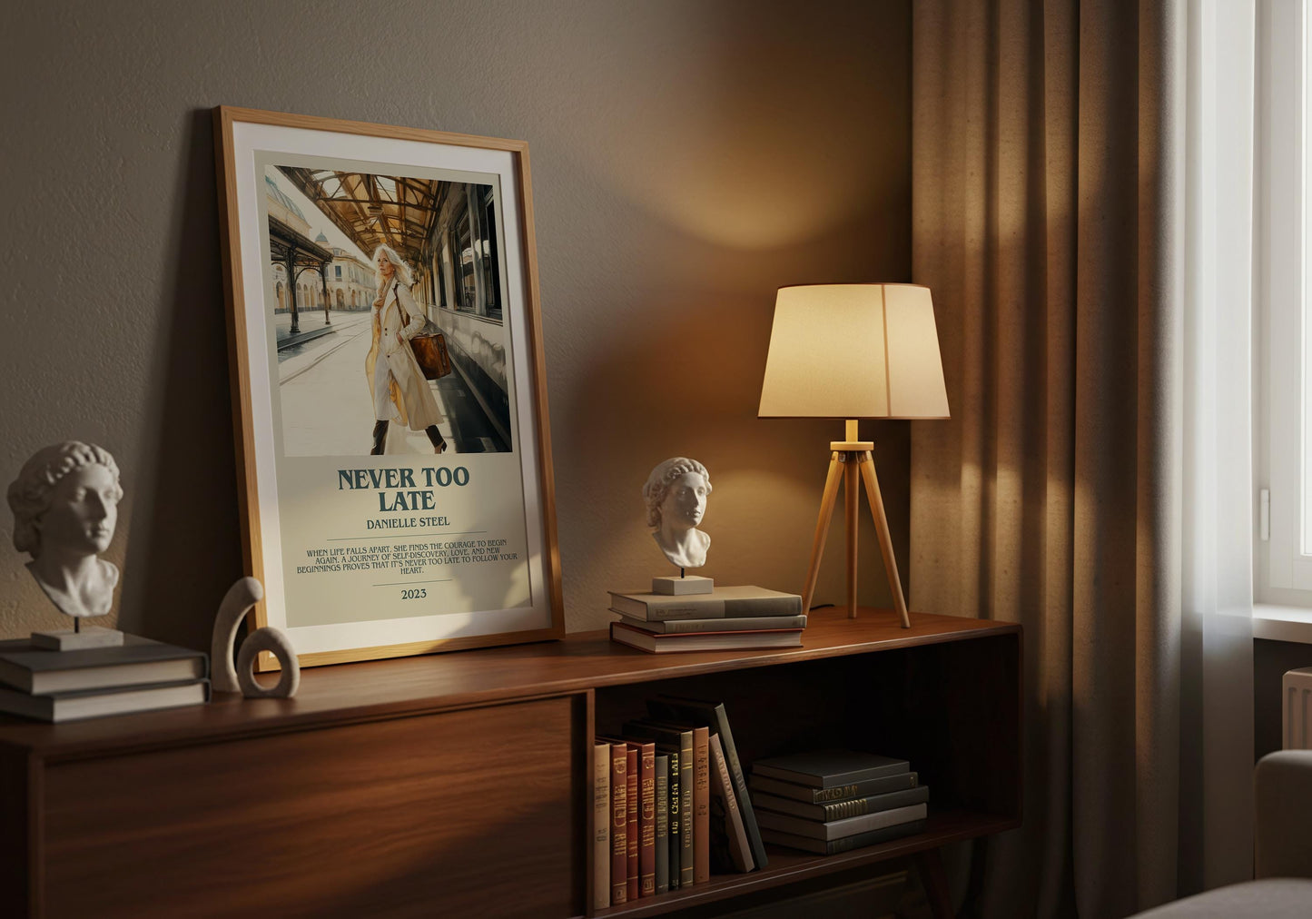 Never Too Late by Danielle Steel Descriptive Poster Print. Free Delivery Wall Art Author & Blurb Book Artwork Novel Modern Gift