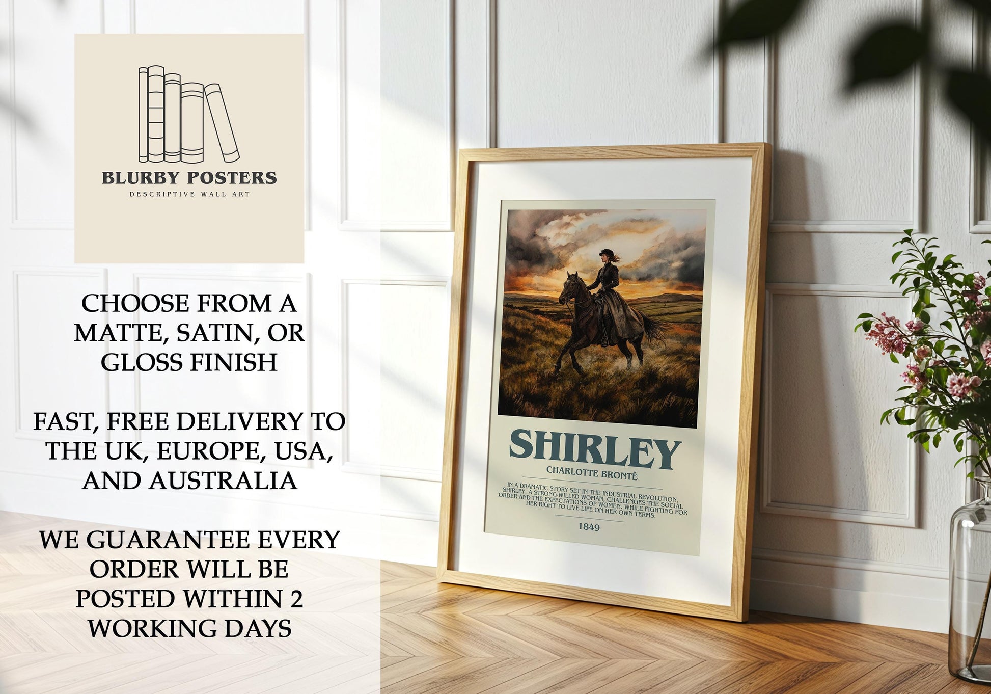 Shirley by Charlotte Bronte Descriptive Poster Print. Free Delivery Wall Art Author & Blurb Book Artwork Novel Modern Gift