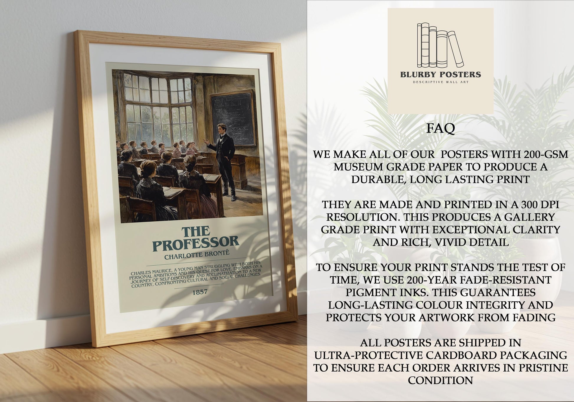 The Professor by Charlotte Bronte Descriptive Poster Print. Free Delivery Wall Art Author & Blurb Book Artwork Novel Modern Gift