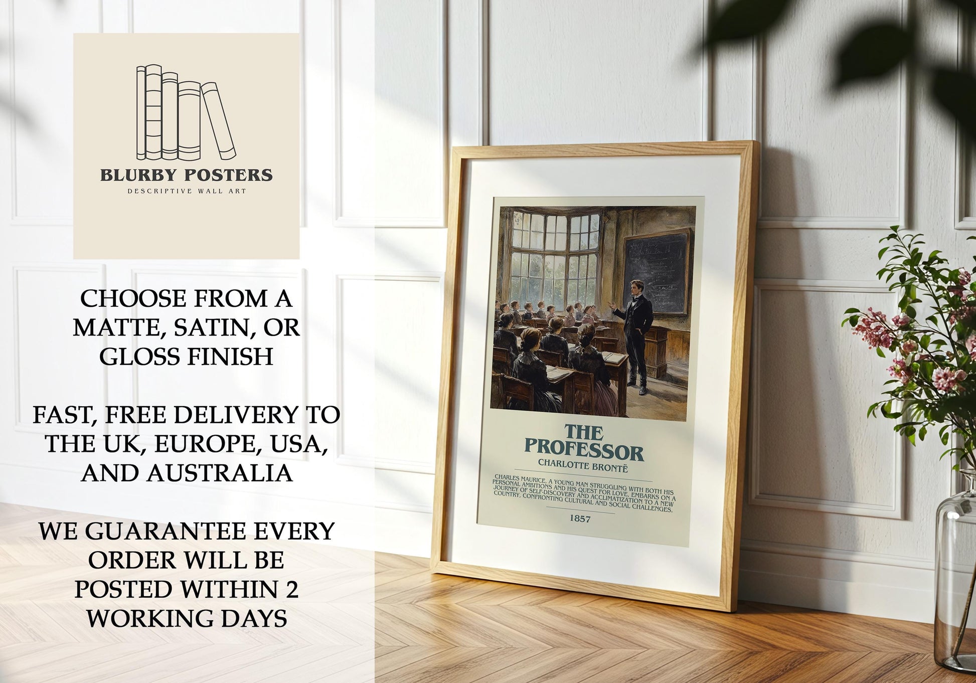 The Professor by Charlotte Bronte Descriptive Poster Print. Free Delivery Wall Art Author & Blurb Book Artwork Novel Modern Gift