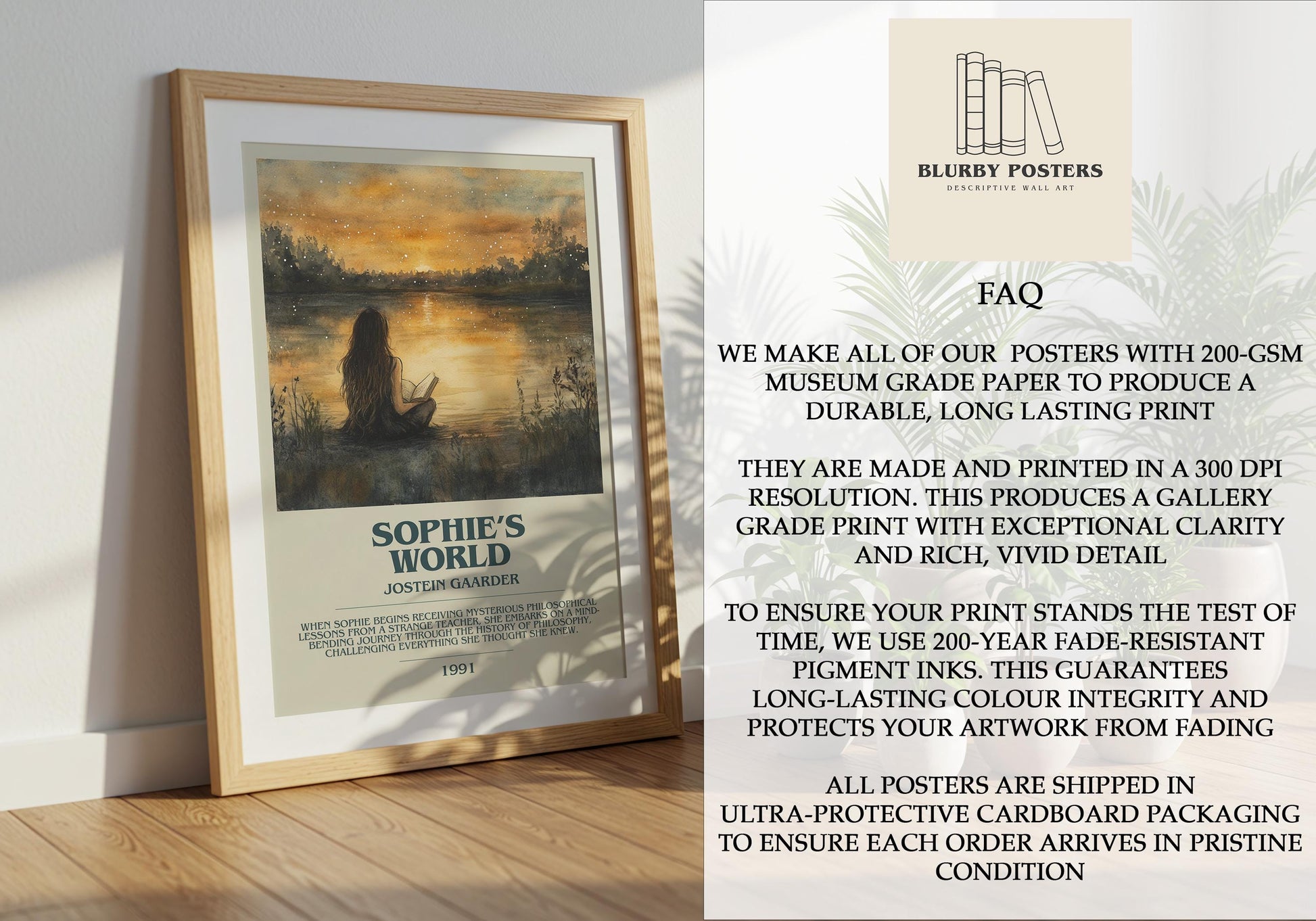 Sophie's World by Jostein Gaarder Descriptive Poster Print. Free Delivery Wall Art Author & Blurb Book Artwork Novel Modern Gift