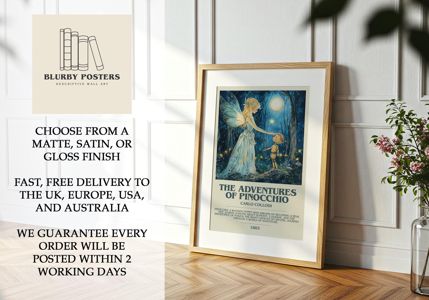 The Adventures Of Pinocchio by Carlo Collodi Descriptive Poster Print. Free Delivery Wall Art Author & Blurb Book Artwork Novel Modern Gift