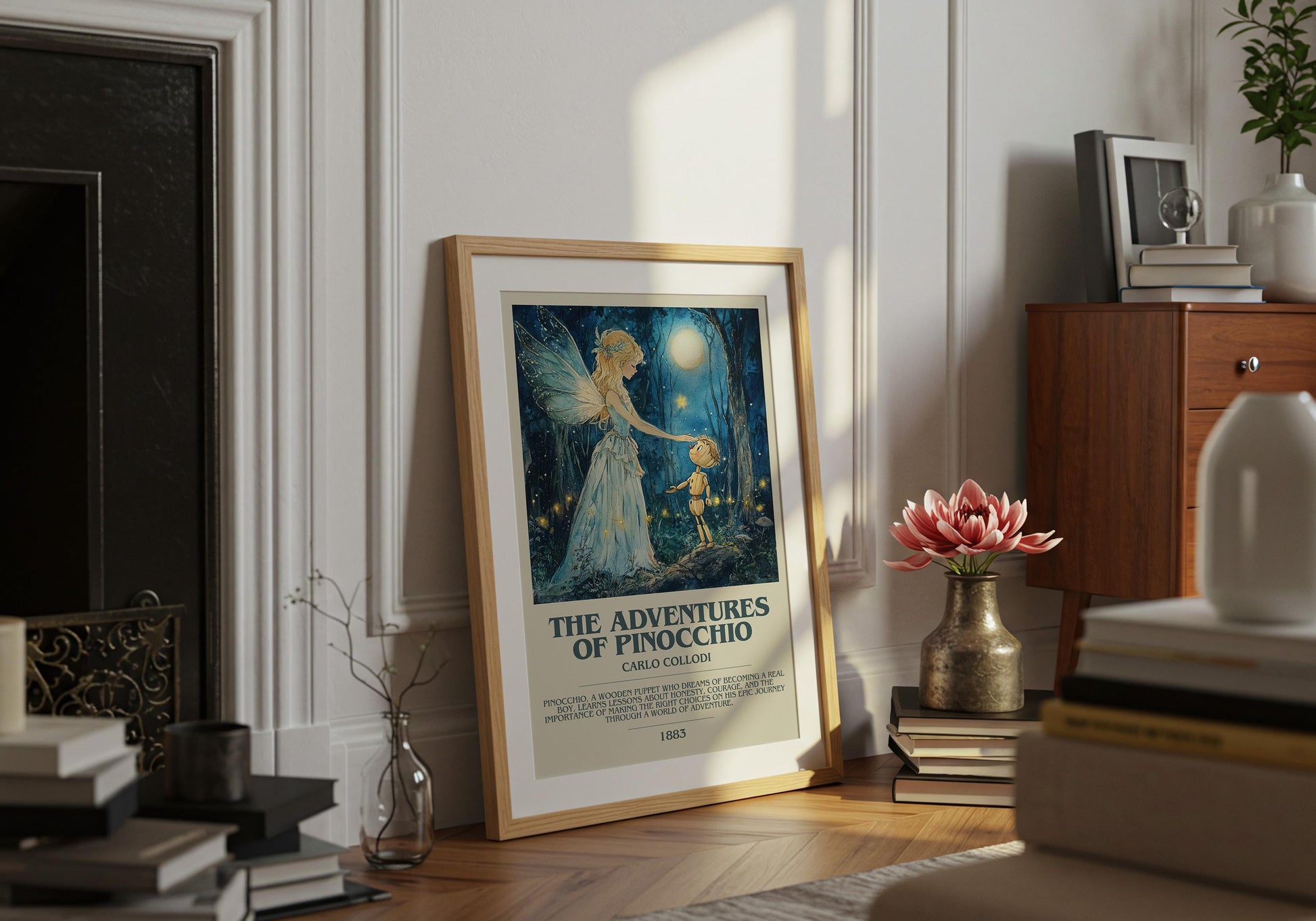 The Adventures Of Pinocchio by Carlo Collodi Descriptive Poster Print. Free Delivery Wall Art Author & Blurb Book Artwork Novel Modern Gift