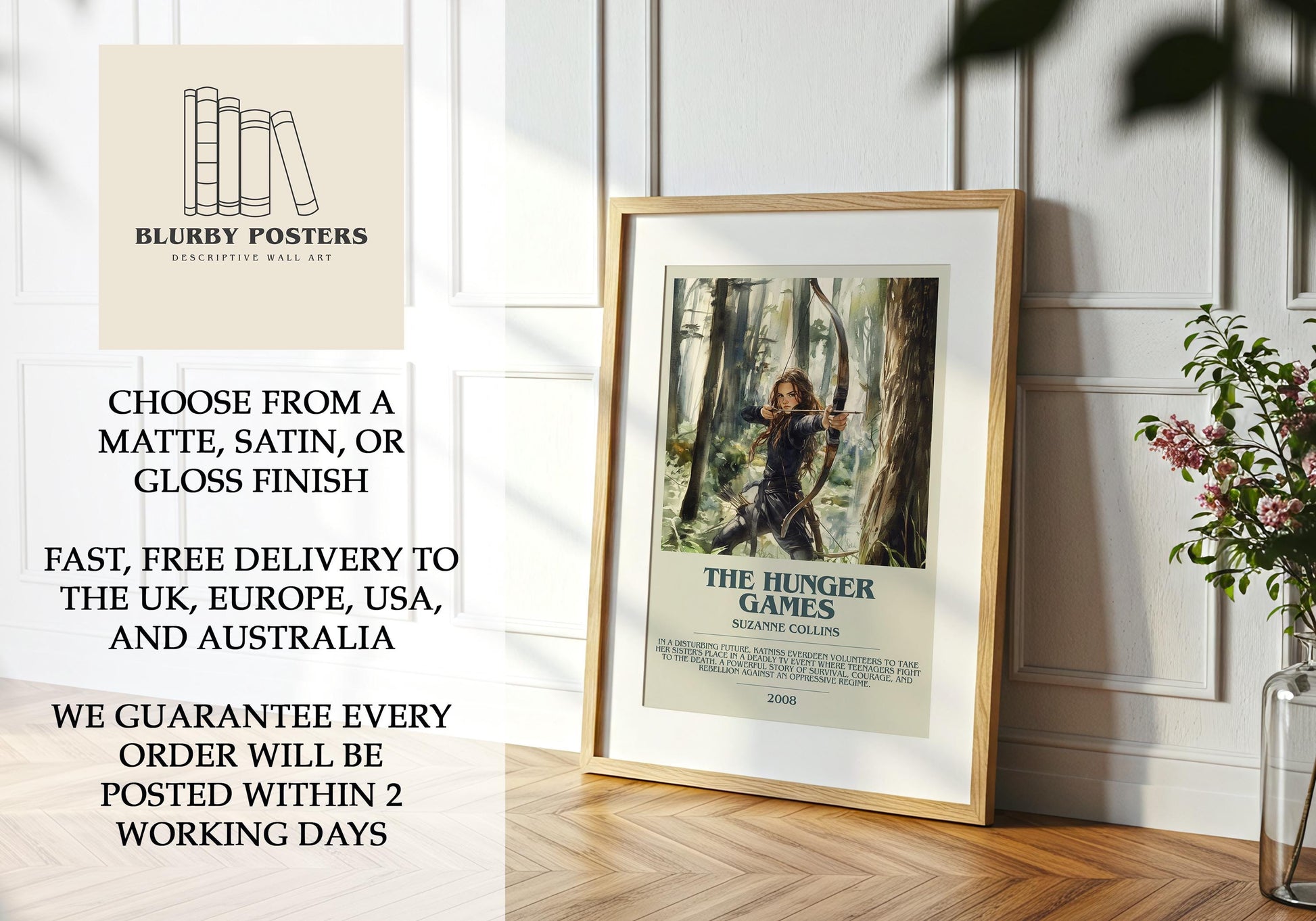 The Hunger Games by Suzanne Collins Descriptive Poster Print. Free Delivery Wall Art Author & Blurb Book Artwork Novel Modern Gift