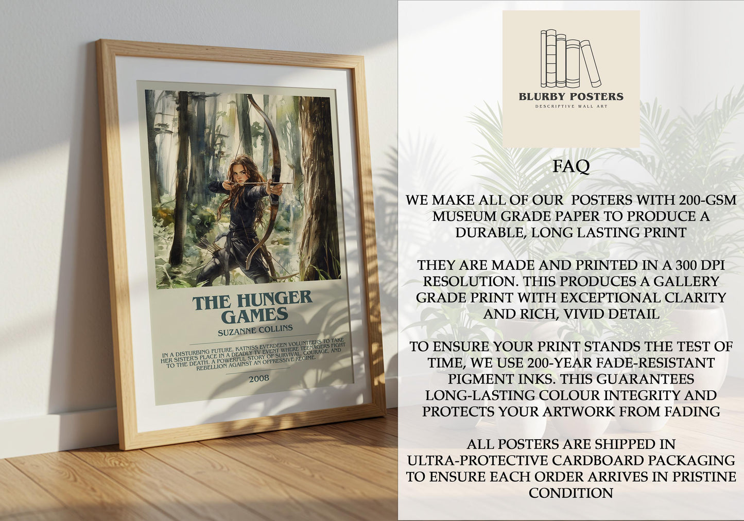 The Hunger Games by Suzanne Collins Descriptive Poster Print. Free Delivery Wall Art Author & Blurb Book Artwork Novel Modern Gift