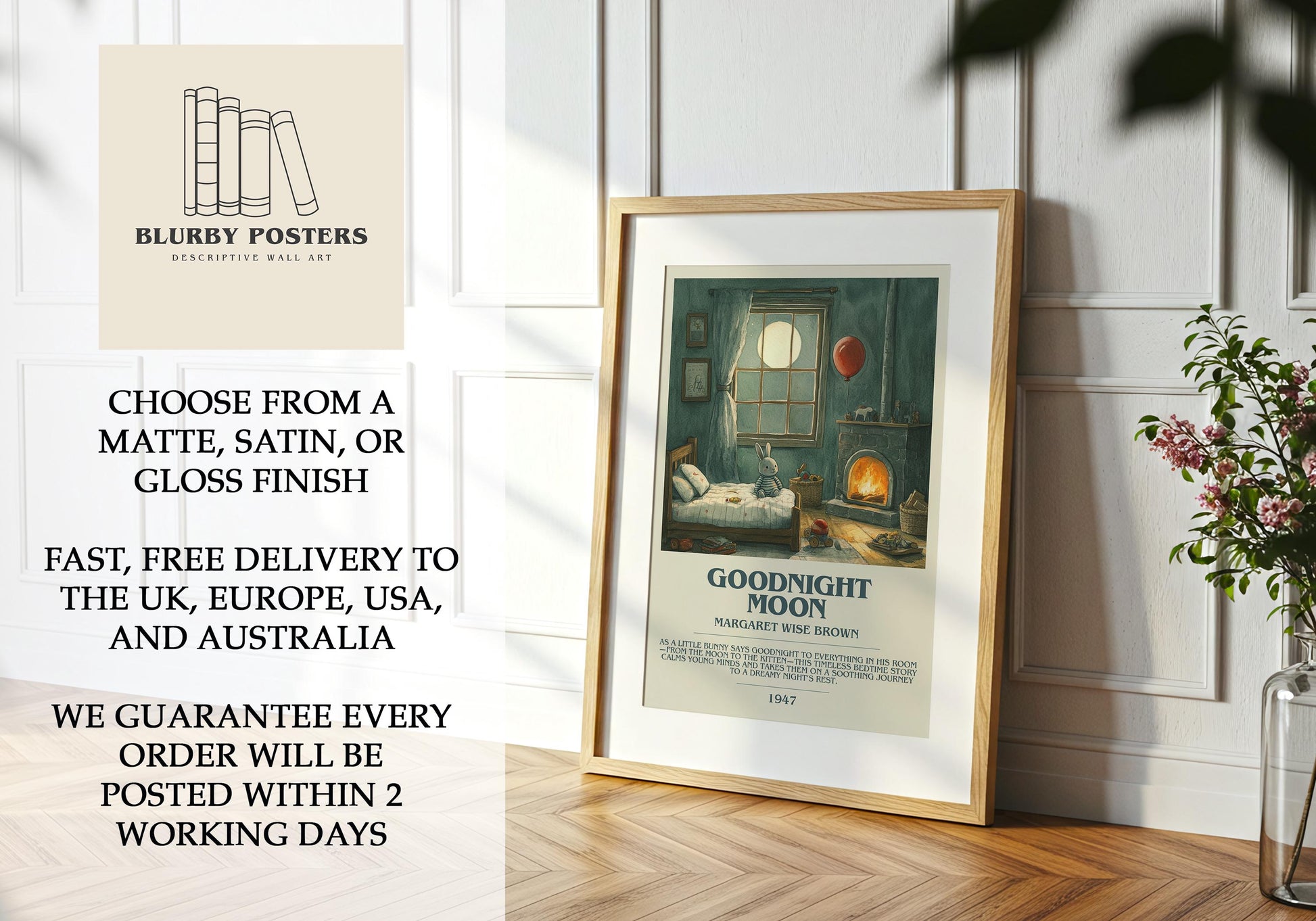 Goodnight Moon by Margaret Wise Brown Descriptive Poster Print. Free Delivery Wall Art Author & Blurb Book Artwork Novel Modern Gift