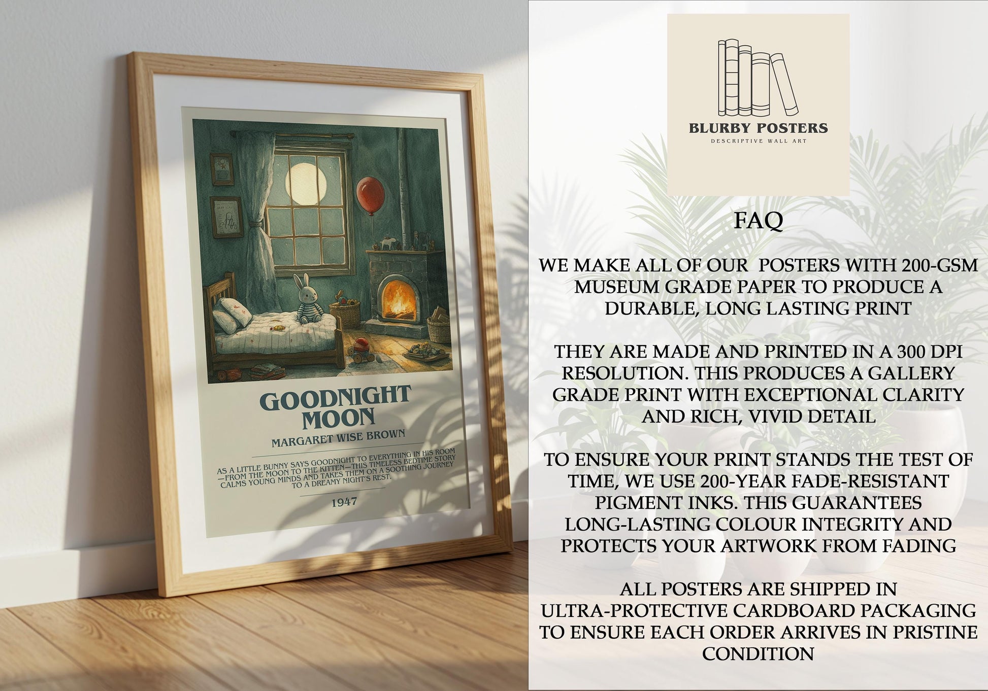 Goodnight Moon by Margaret Wise Brown Descriptive Poster Print. Free Delivery Wall Art Author & Blurb Book Artwork Novel Modern Gift
