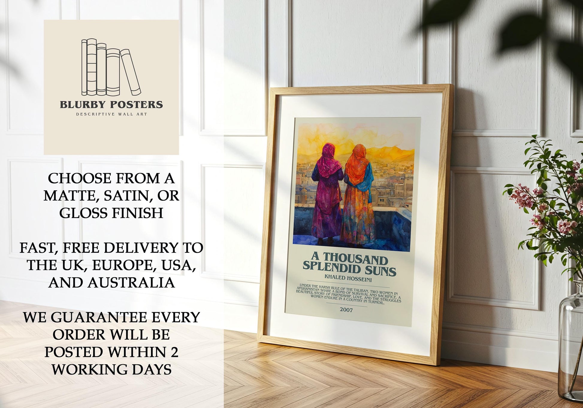 A Thousand Splendid Suns by Khaled Hosseini Descriptive Poster Print. Free Delivery Wall Art Author & Blurb Book Artwork Novel Modern Gift
