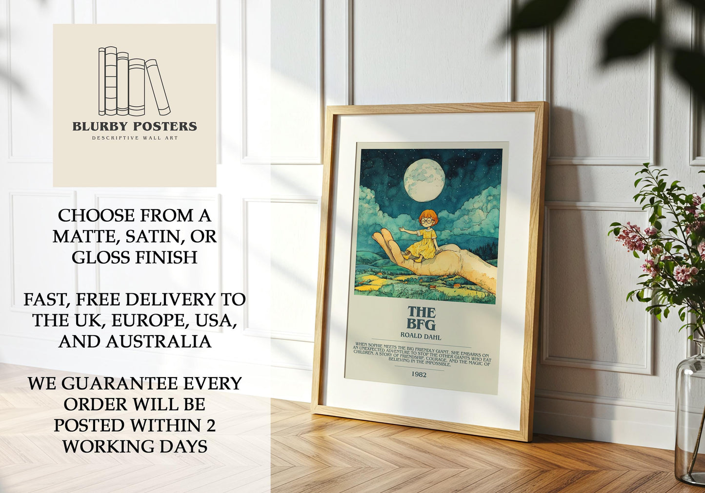 The BFG by Roald Dahl Descriptive Poster Print. Free Delivery Wall Art Author & Blurb Book Artwork Novel Modern Gift