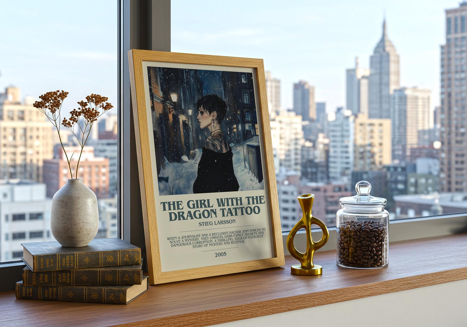 The Girl With The Dragon Tattoo by Stieg Larsson Descriptive Poster Print. Free Delivery Wall Art Author & Blurb Book Artwork Novel Modern