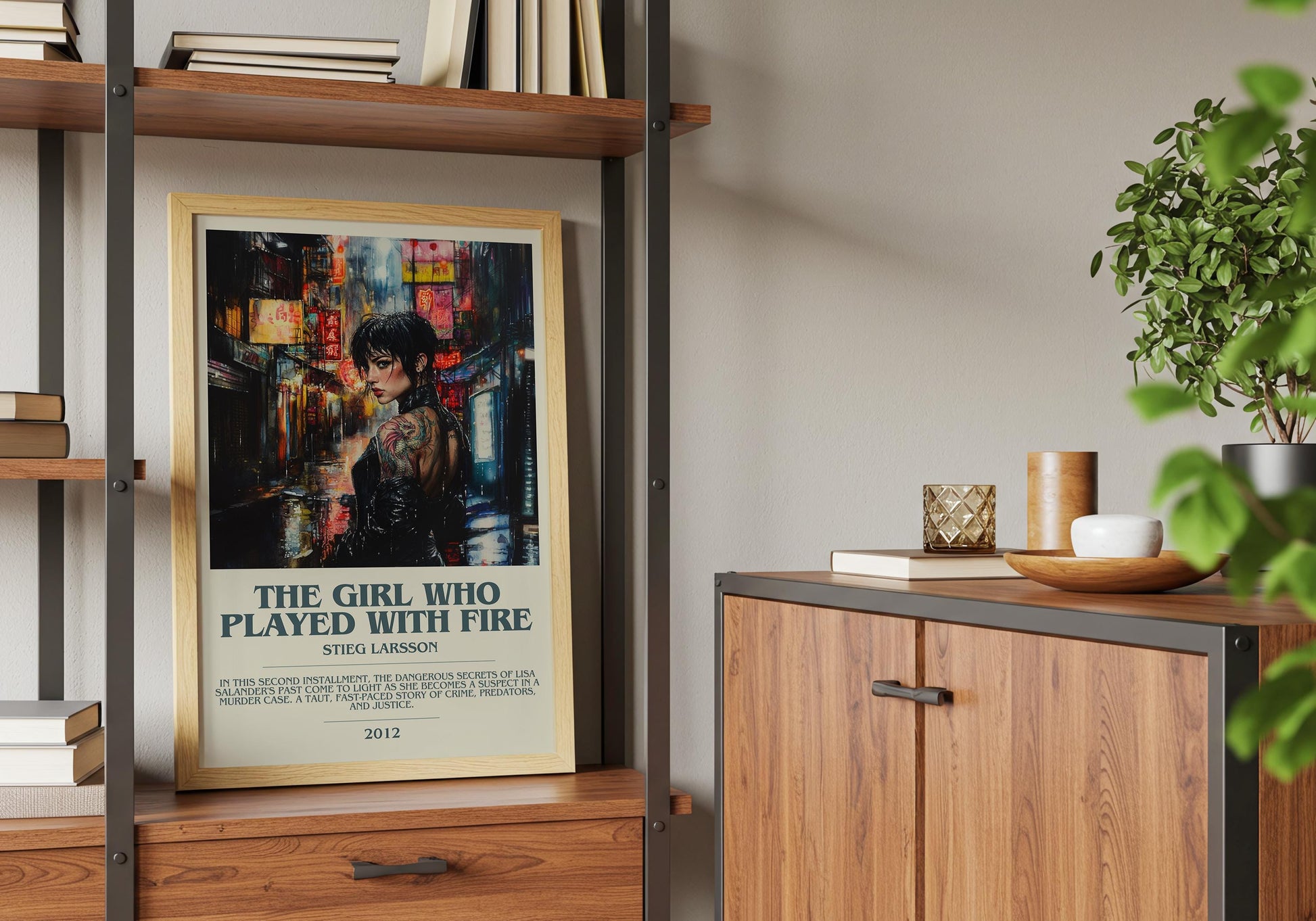 The Girl Who Played With Fire by Stieg Larsson Descriptive Poster Print. Free Delivery Wall Art Author & Blurb Book Artwork Novel Modern