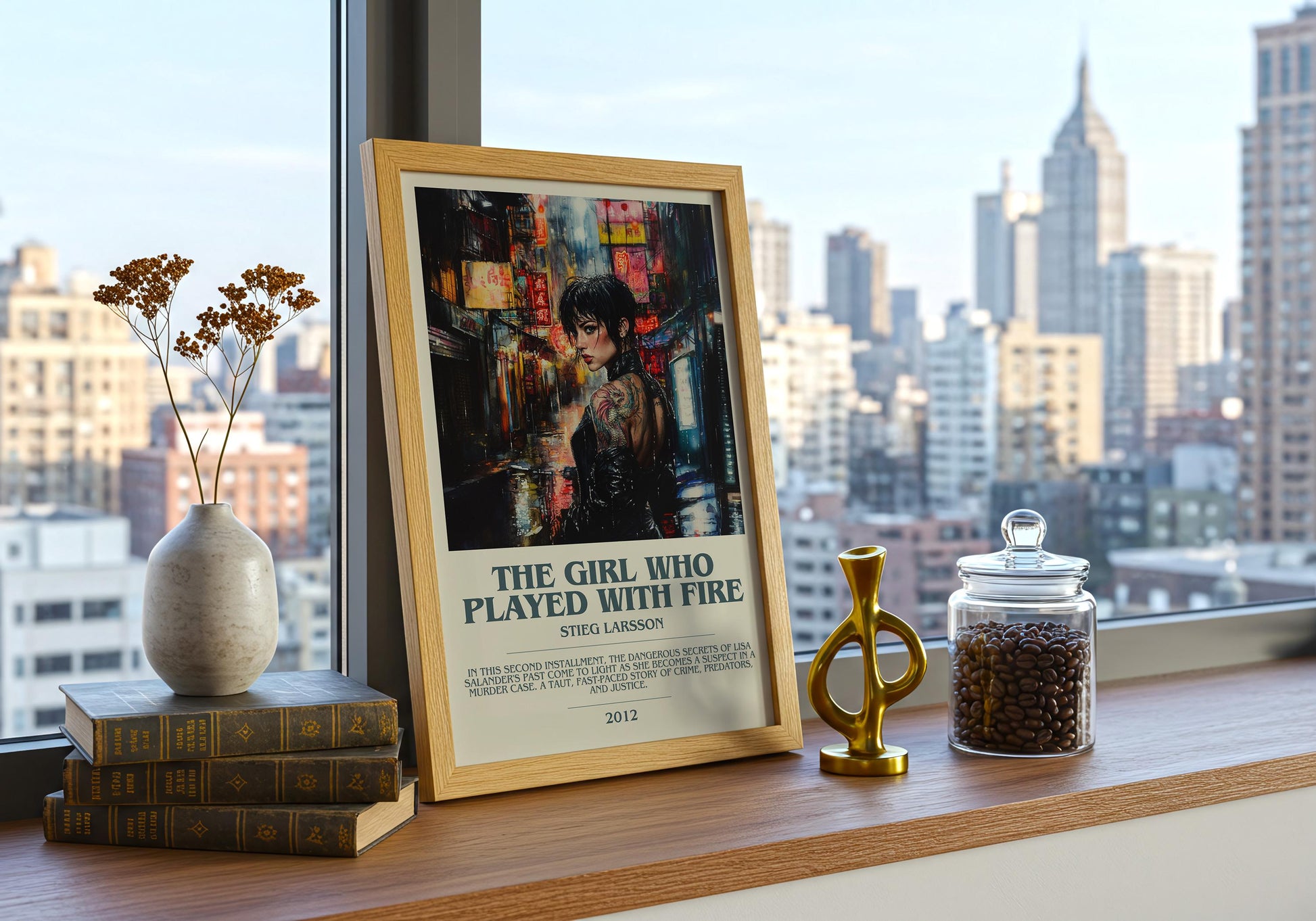 The Girl Who Played With Fire by Stieg Larsson Descriptive Poster Print. Free Delivery Wall Art Author & Blurb Book Artwork Novel Modern