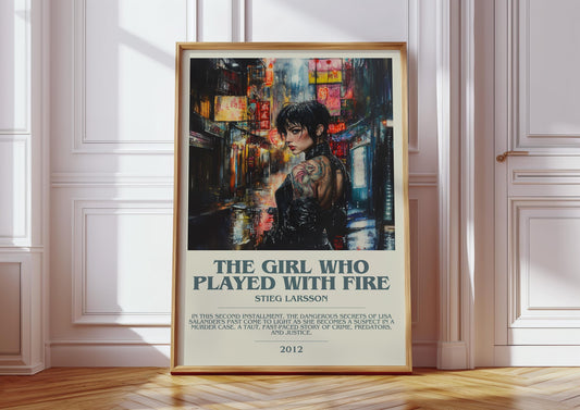 The Girl Who Played With Fire by Stieg Larsson Descriptive Poster Print. Free Delivery Wall Art Author & Blurb Book Artwork Novel Modern