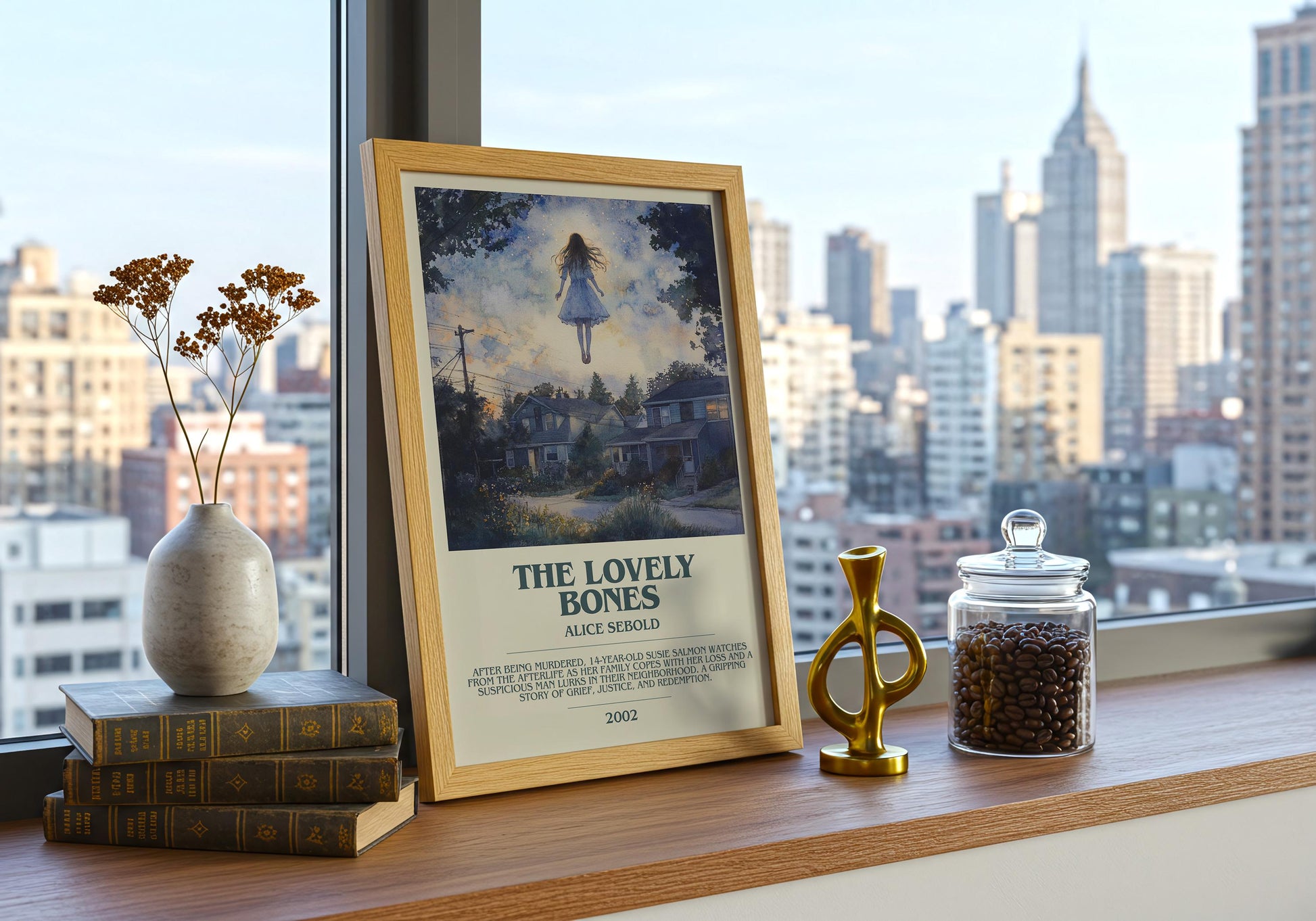 The Lovely Bones by Alice Sebold Descriptive Poster Print. Free Delivery Wall Art Author & Blurb Book Artwork Novel Modern
