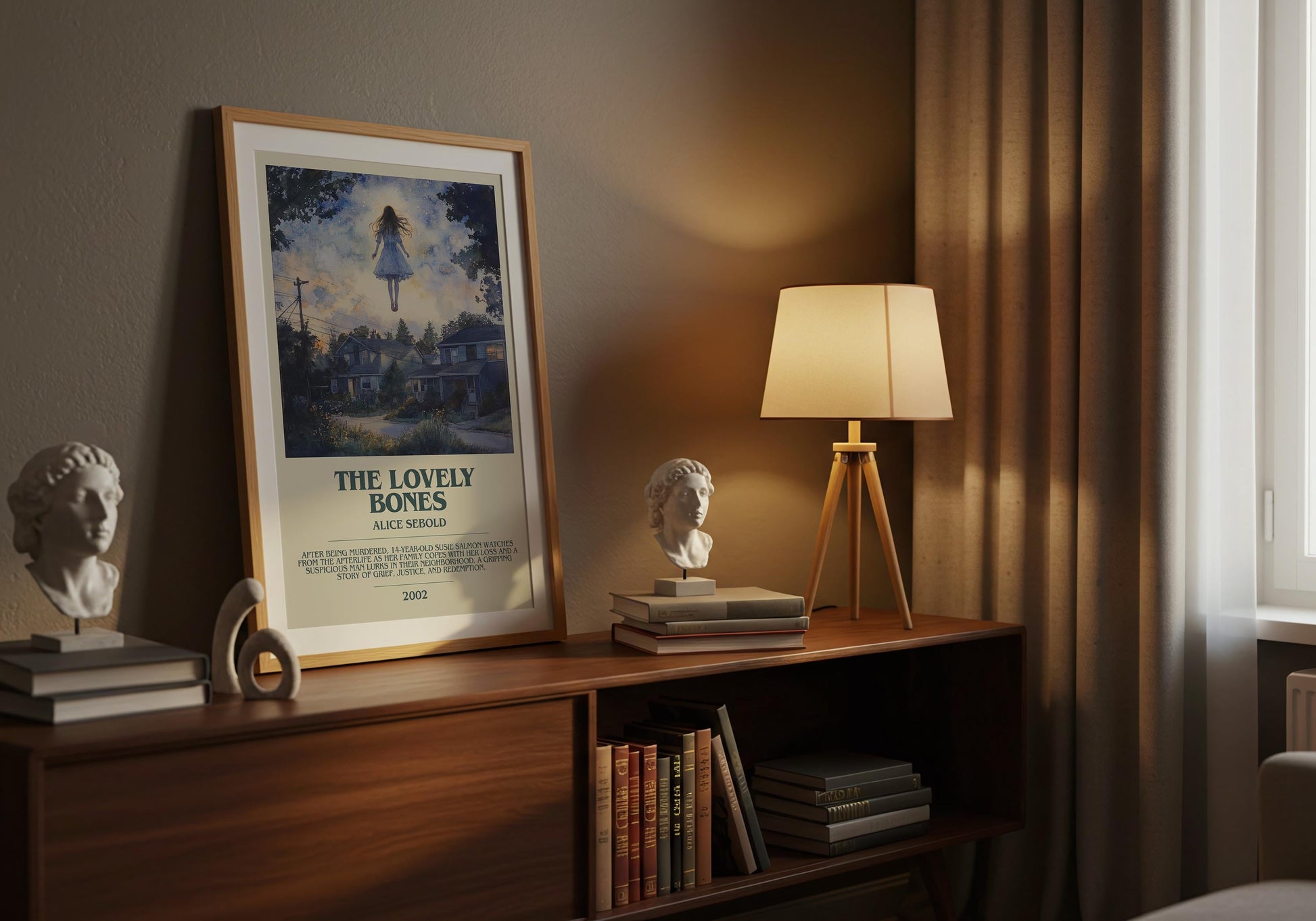 The Lovely Bones by Alice Sebold Descriptive Poster Print. Free Delivery Wall Art Author & Blurb Book Artwork Novel Modern