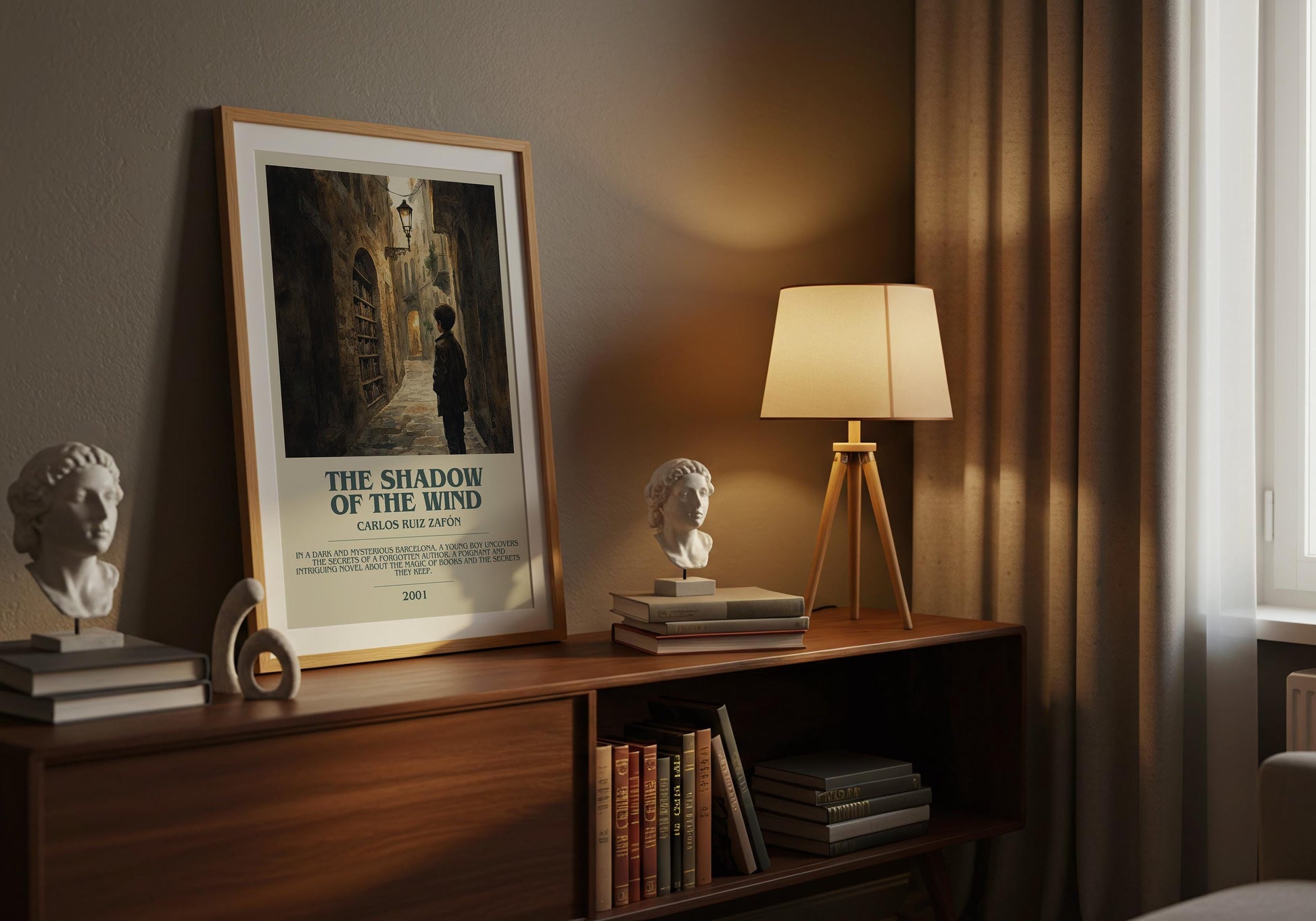 The Shadow Of The Wind by Carlos Ruiz Zafon Descriptive Poster Print. Free Delivery Wall Art Author & Blurb Book Artwork Novel Modern