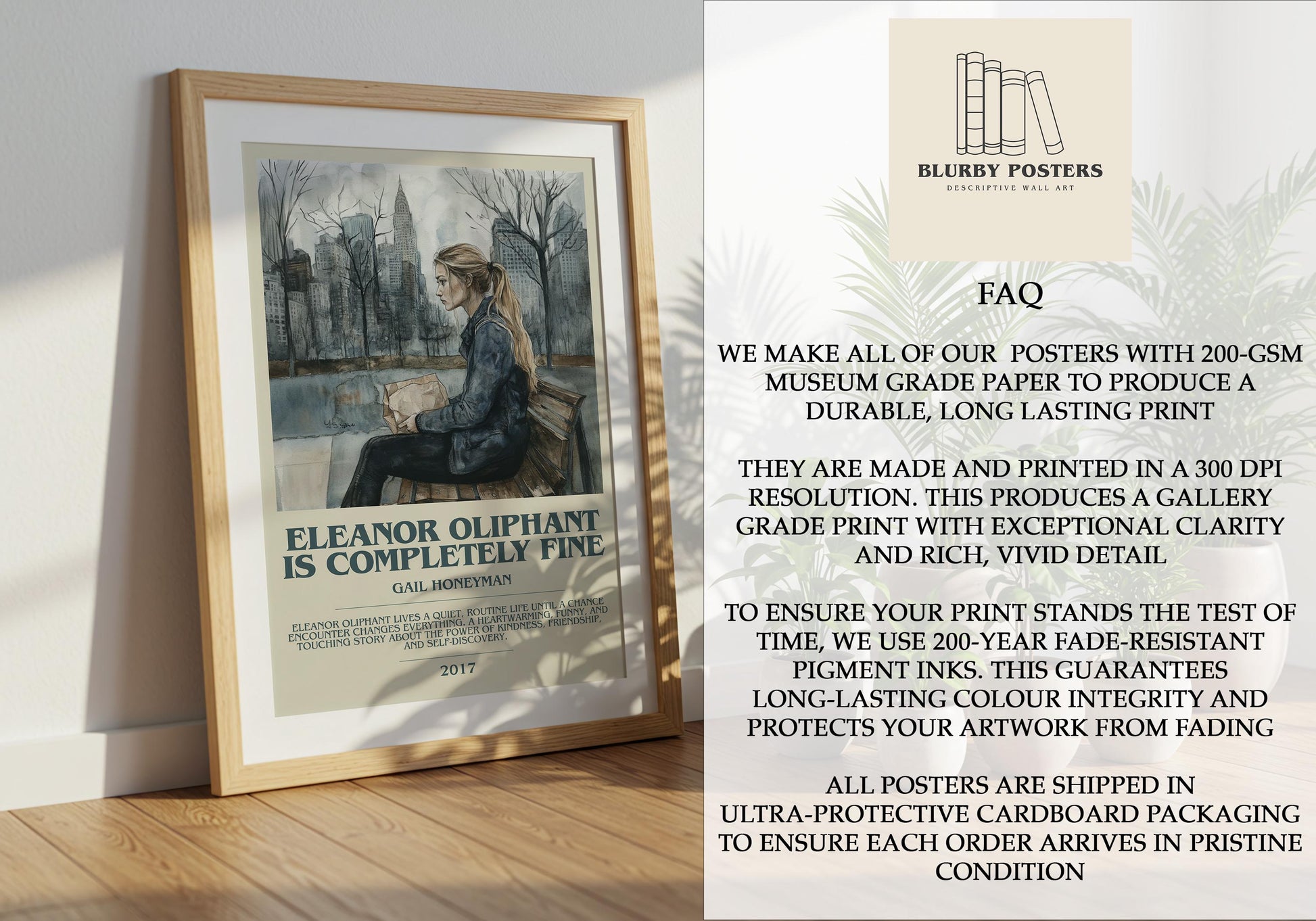 Eleanor Oliphant Is Completely Fine by Gail Honeyman Descriptive Poster Print. Free Delivery Wall Art Author & Blurb Book Artwork Novel