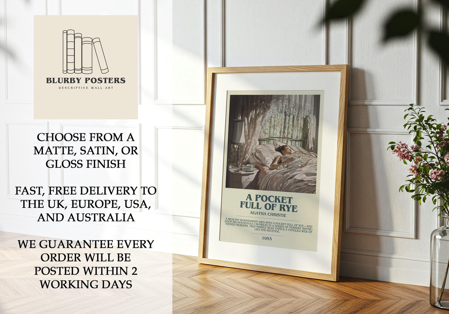 A Pocket Full Of Rye by Agatha Christie Descriptive Poster Print. Free Delivery Wall Art Author & Blurb Book Artwork Novel Gift