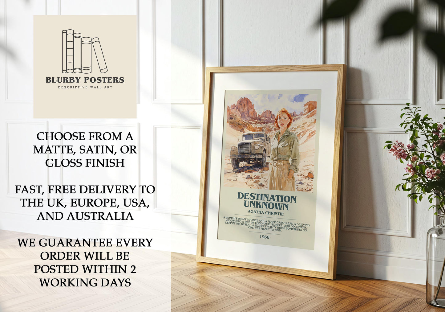 Destination Unknown by Agatha Christie Descriptive Poster Print. Free Delivery Wall Art Author & Blurb Book Artwork Novel Gift